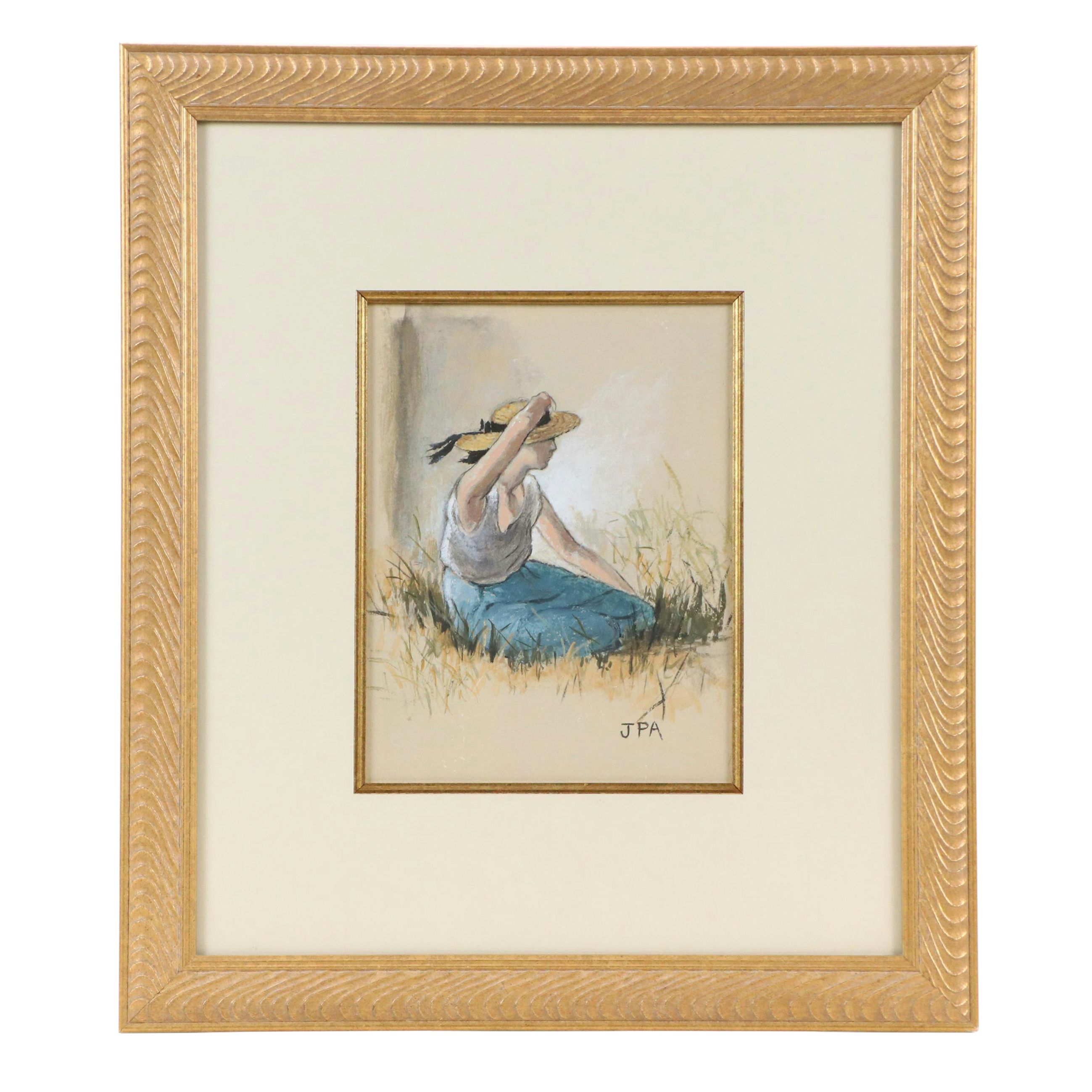 June Perkins Anderson Gouache Painting of Seated Woman in Sunhat