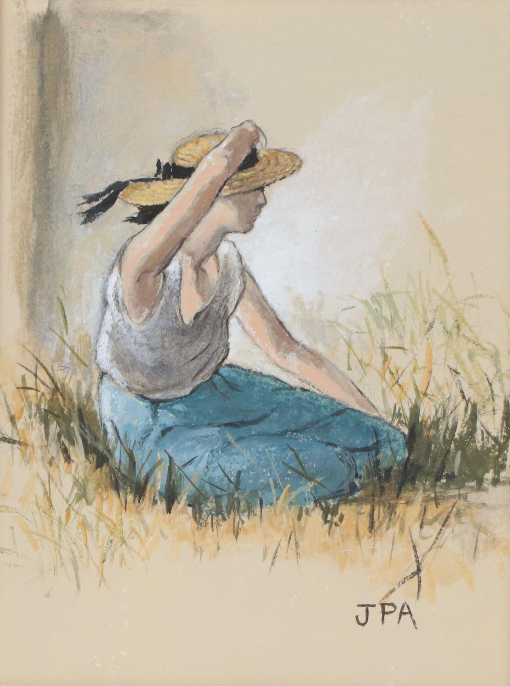 June Perkins Anderson Gouache Painting of Seated Woman in Sunhat