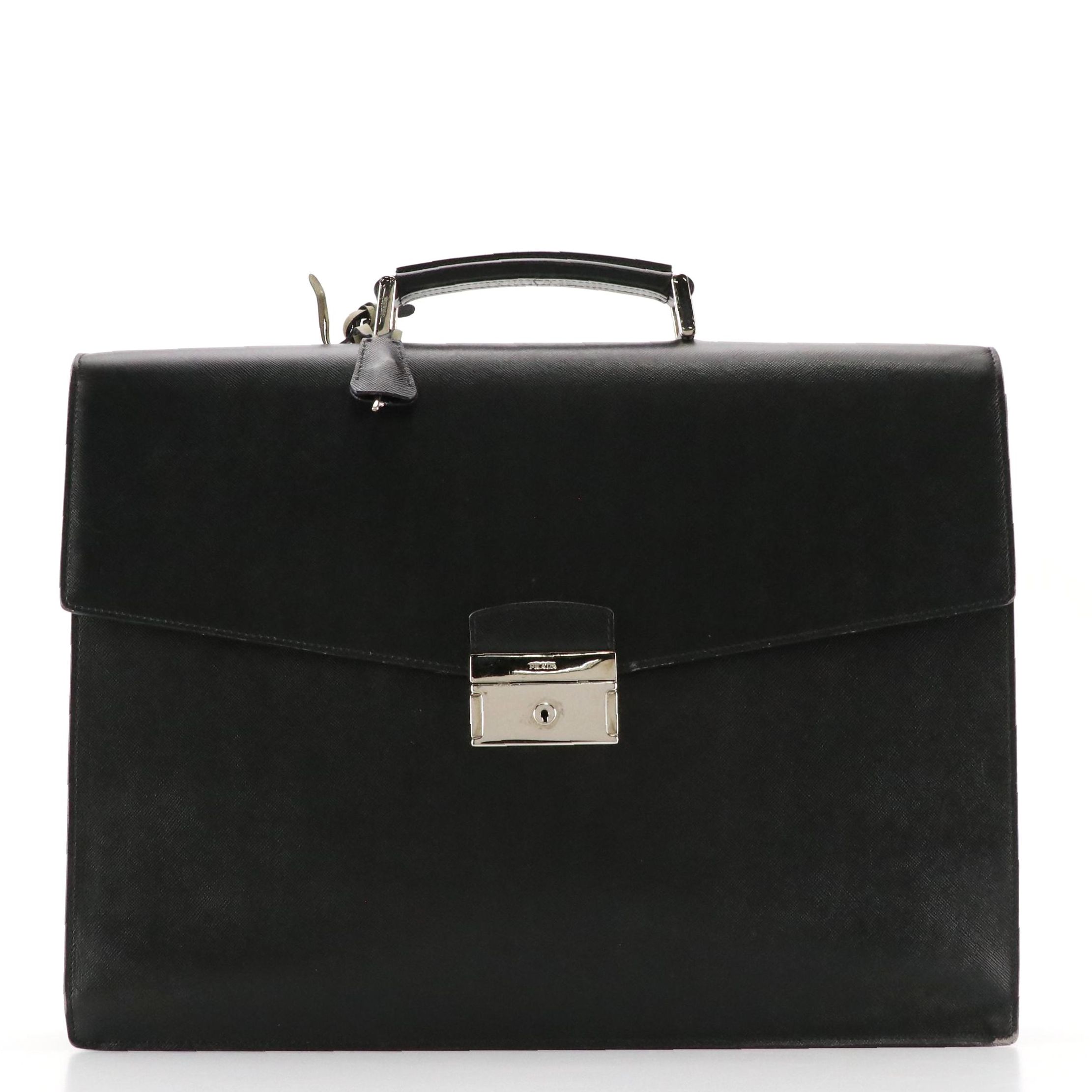 Prada Squeeze Lock Briefcase in Black Saffiano Leather
