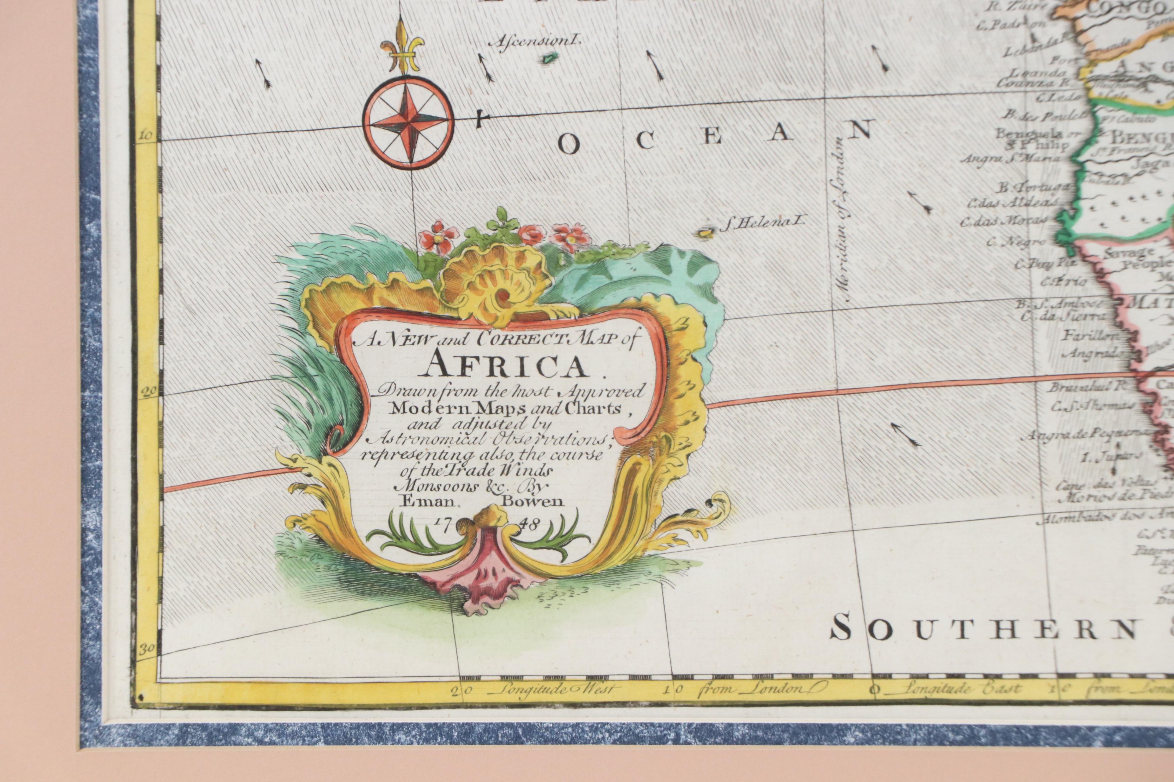 After Eman. Bowen Hand-Colored Engraving "A New and Correct Map of Africa," 1748