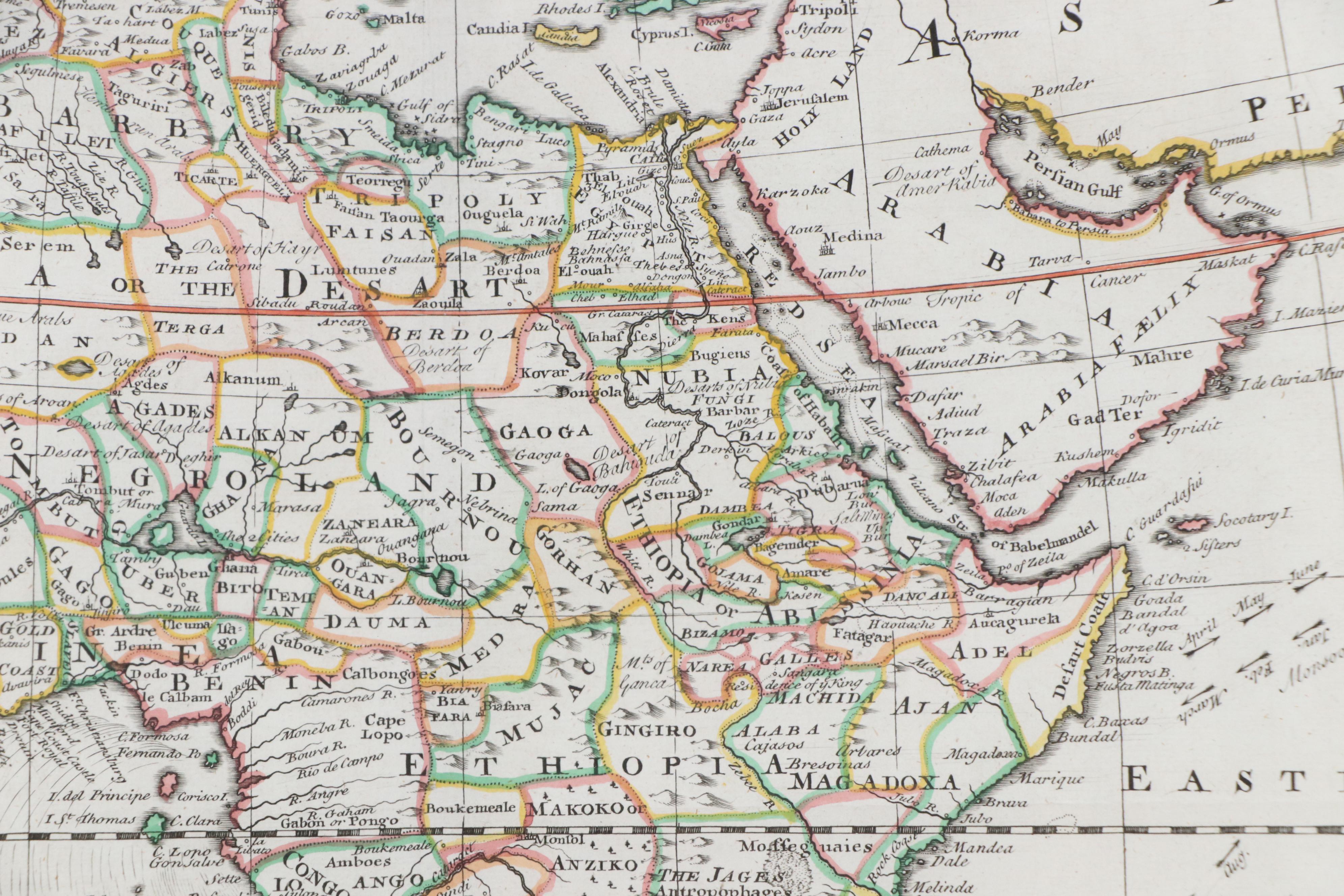 After Eman. Bowen Hand-Colored Engraving "A New and Correct Map of Africa," 1748