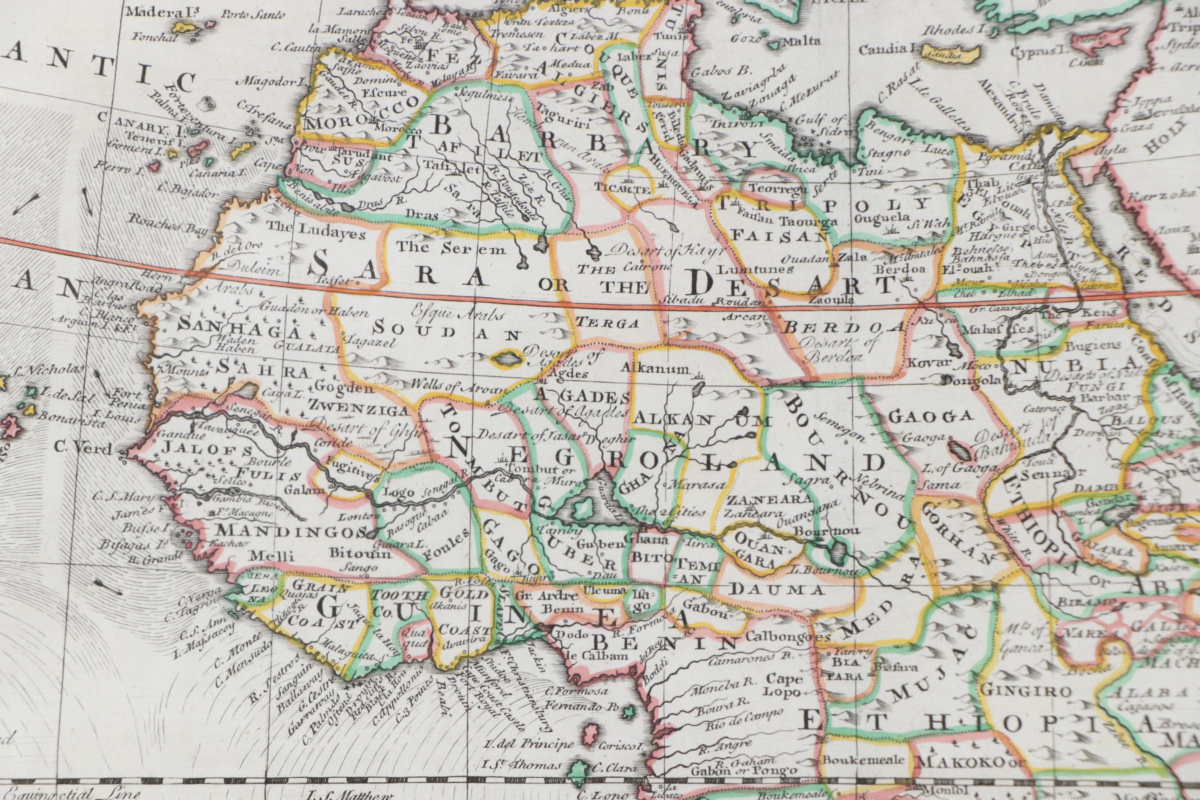 After Eman. Bowen Hand-Colored Engraving "A New and Correct Map of Africa," 1748