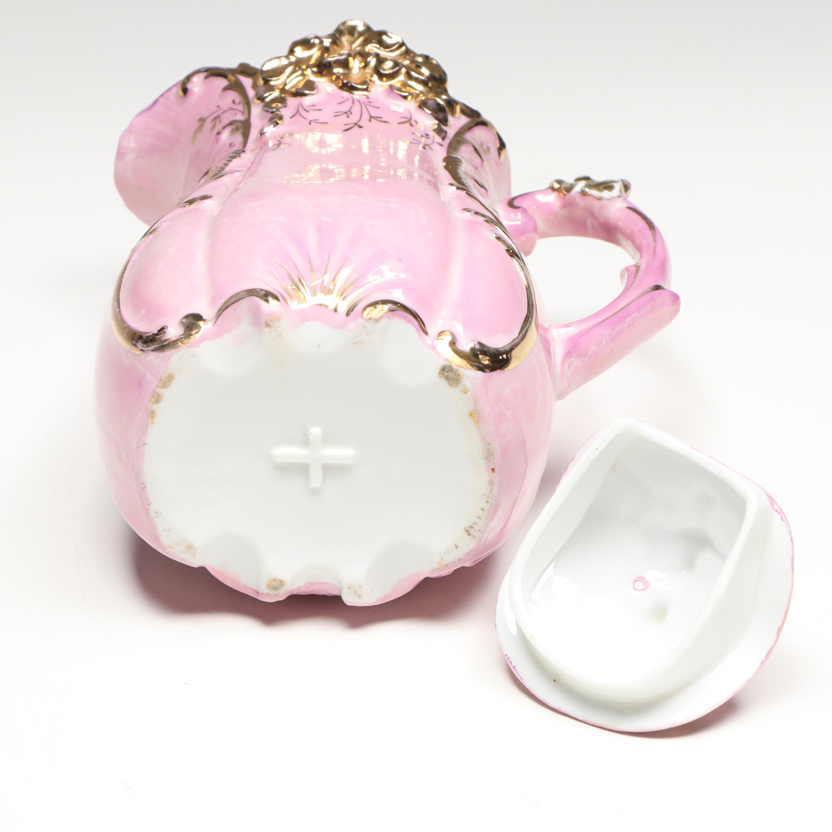 E.T. Nash Co. Hand-Painted Floral Footed Tray and Rococo Style Porcelain Tea Set