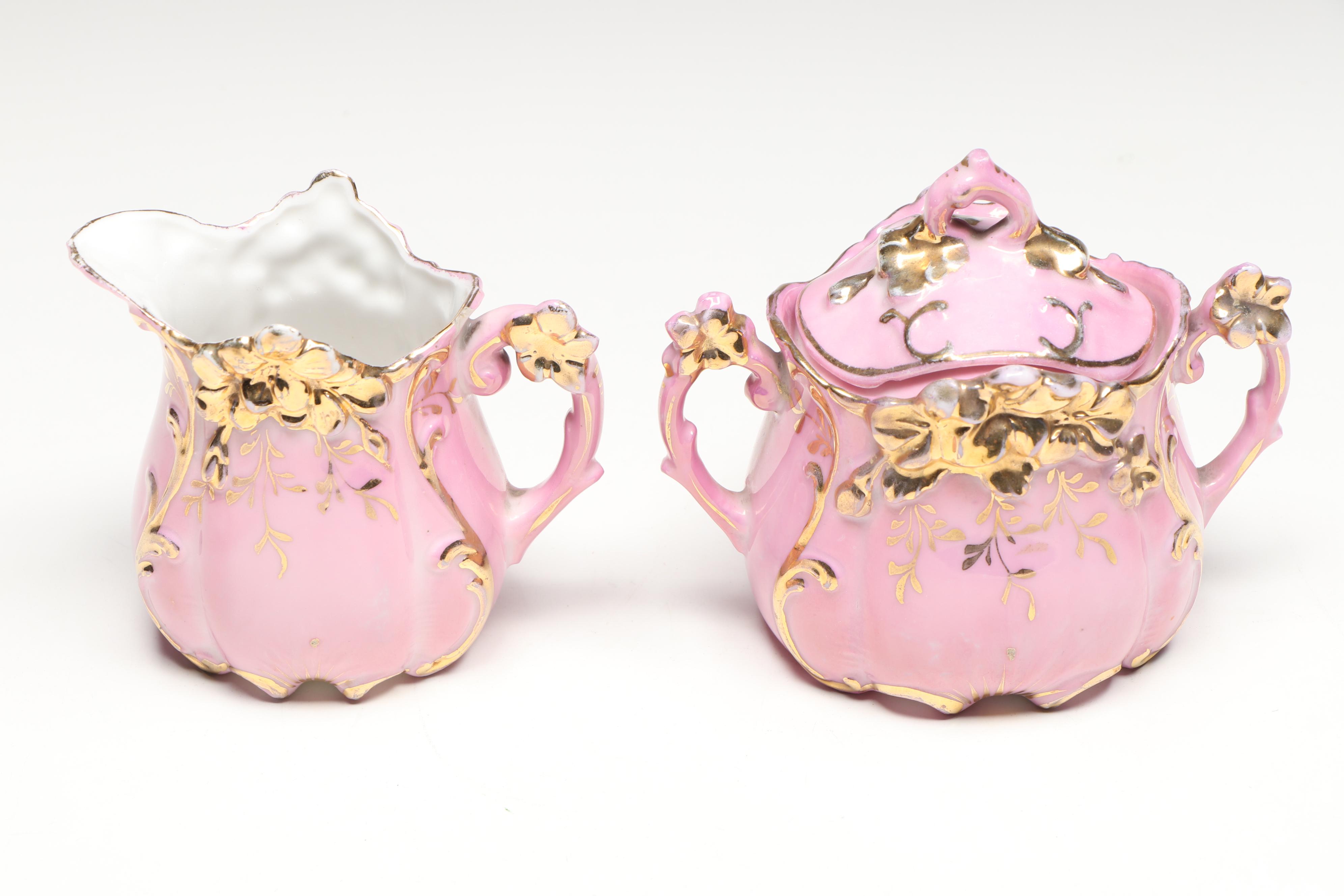 E.T. Nash Co. Hand-Painted Floral Footed Tray and Rococo Style Porcelain Tea Set