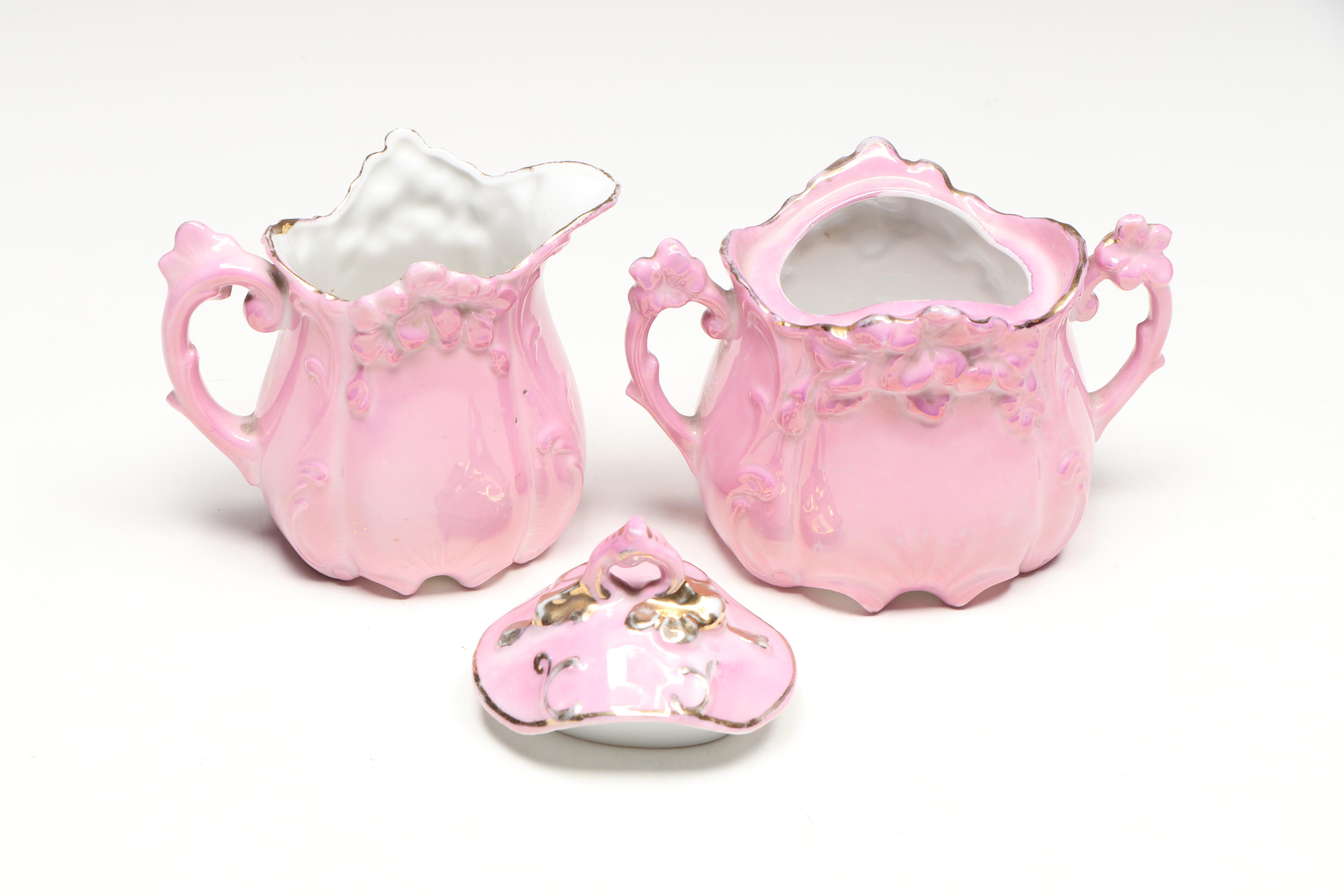 E.T. Nash Co. Hand-Painted Floral Footed Tray and Rococo Style Porcelain Tea Set