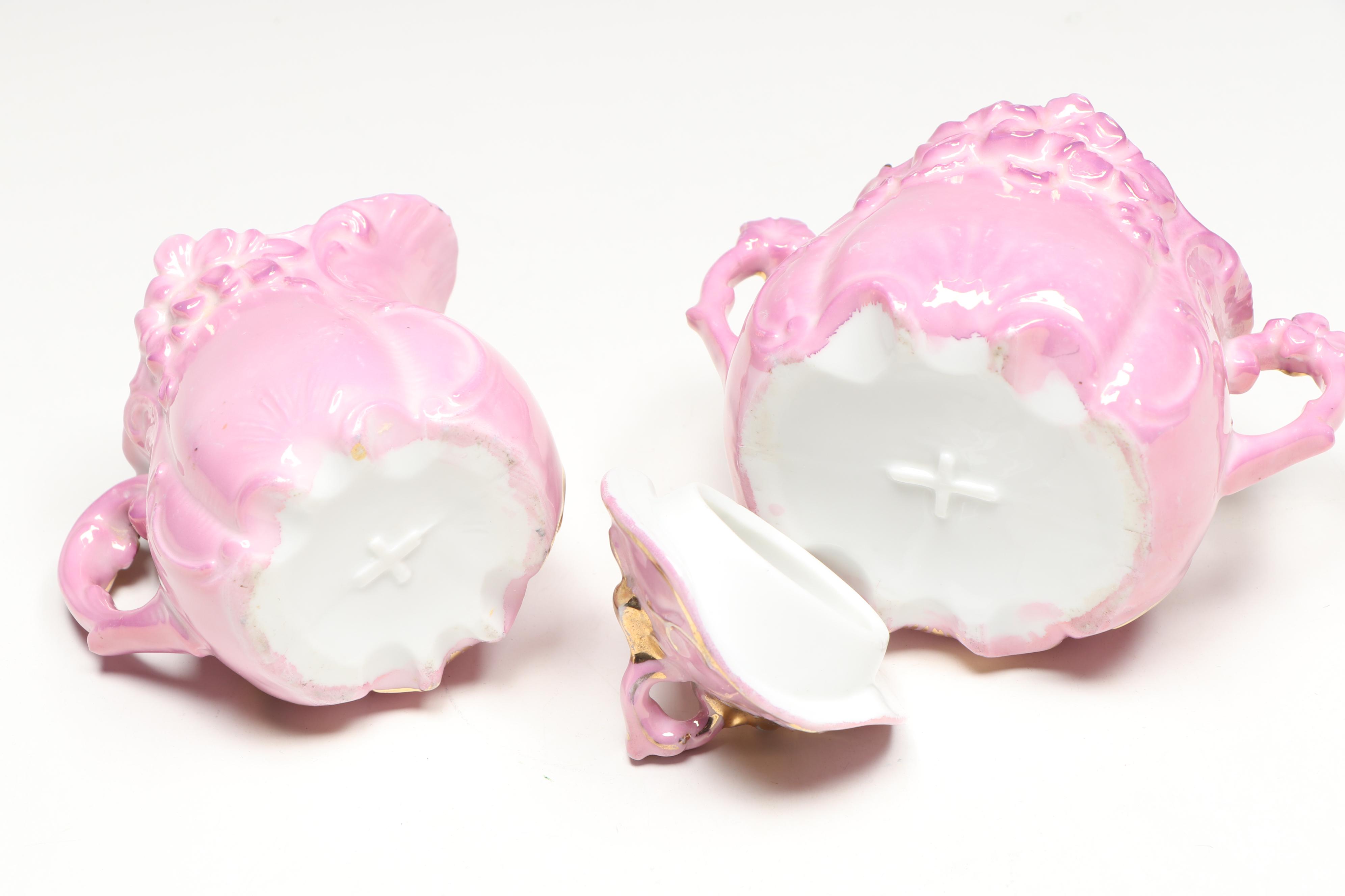 E.T. Nash Co. Hand-Painted Floral Footed Tray and Rococo Style Porcelain Tea Set