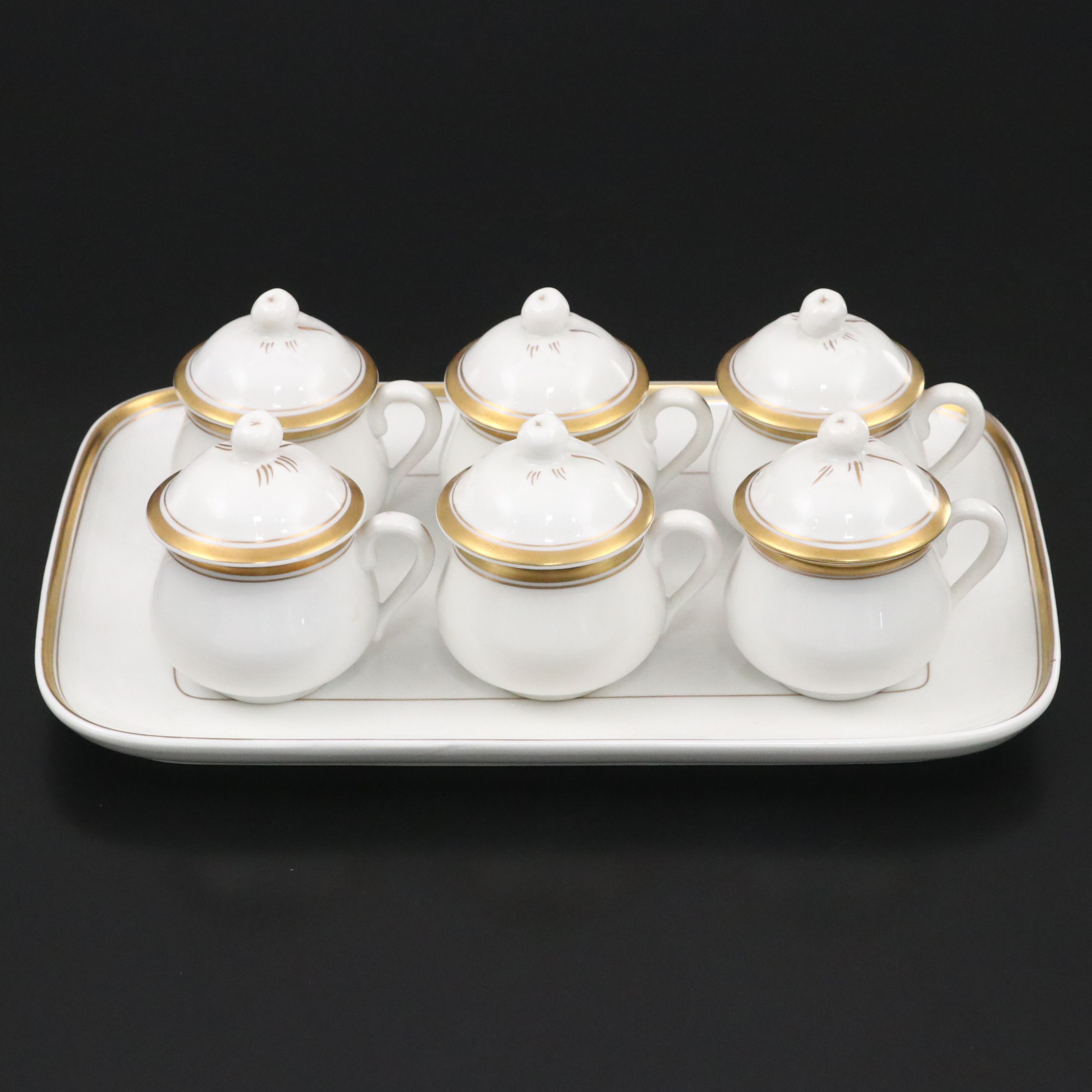 Vista Alegre Portuguese Gold Gilt Porcelain Lidded Teacups and Tray