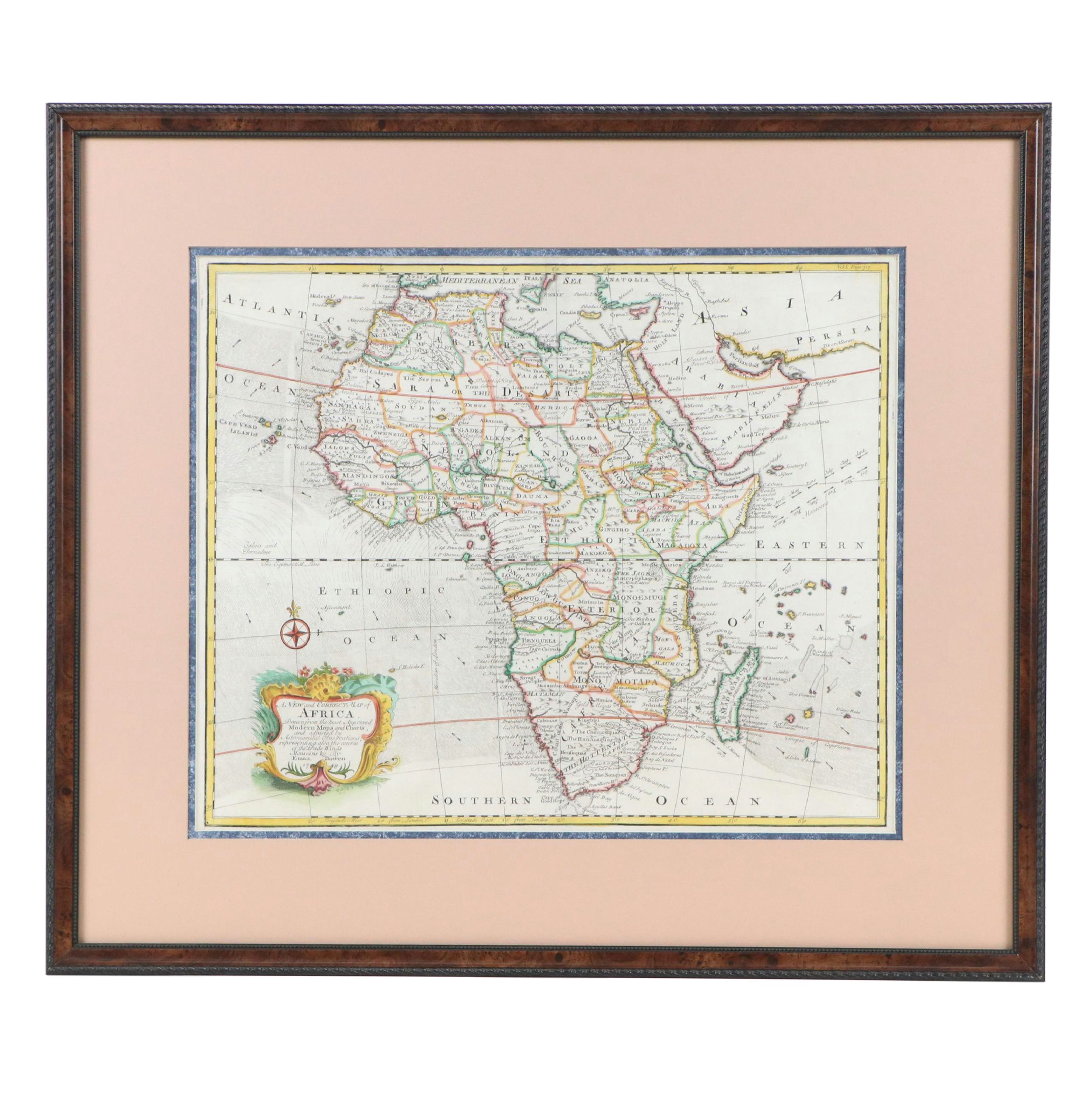 After Eman. Bowen Hand-Colored Engraving "A New and Correct Map of Africa," 1748