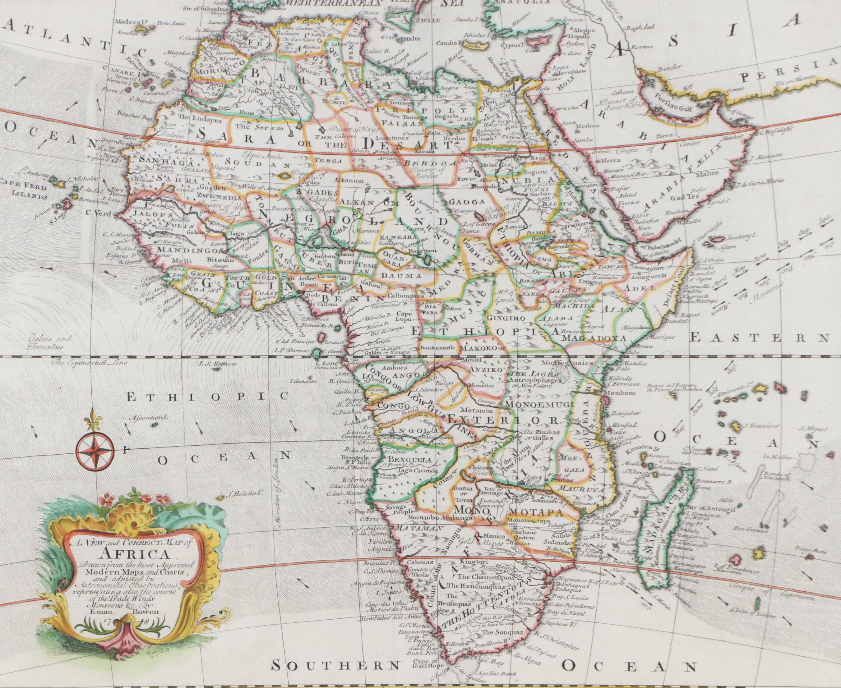 After Eman. Bowen Hand-Colored Engraving "A New and Correct Map of Africa," 1748