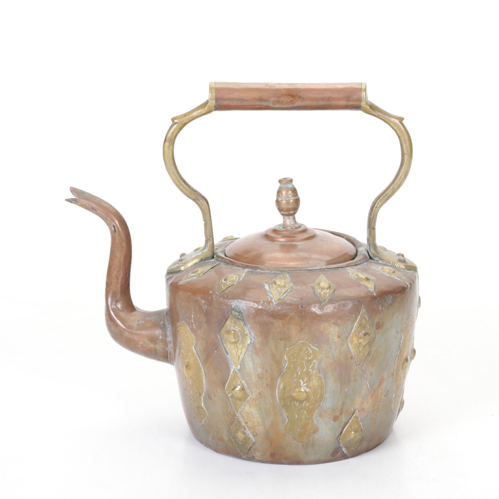 Copper & Brass Accent Teapot, Early to Mid-20th Century