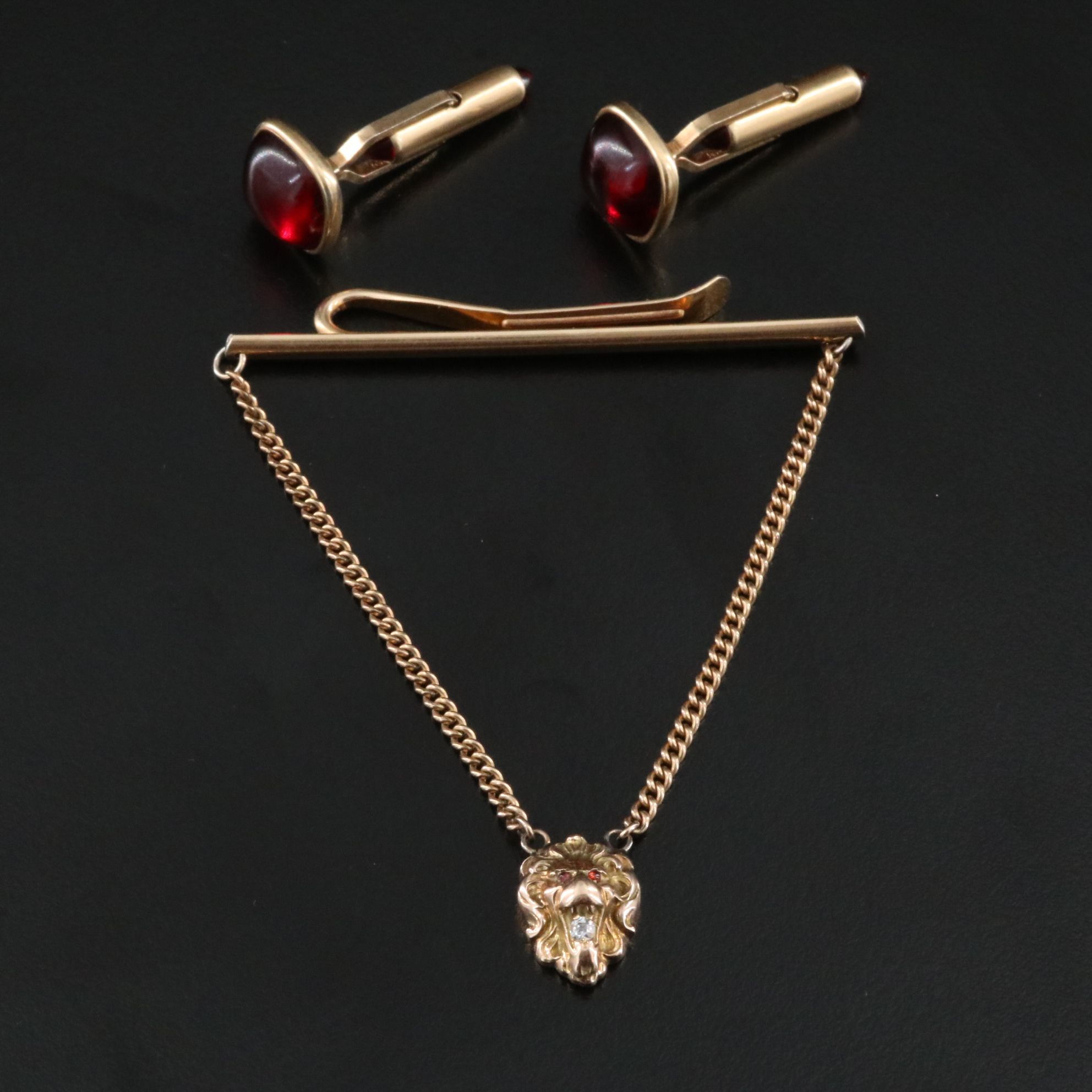 Krementz Cufflinks and Tie Bar with 10K Diamond and Garnet Lion's Head