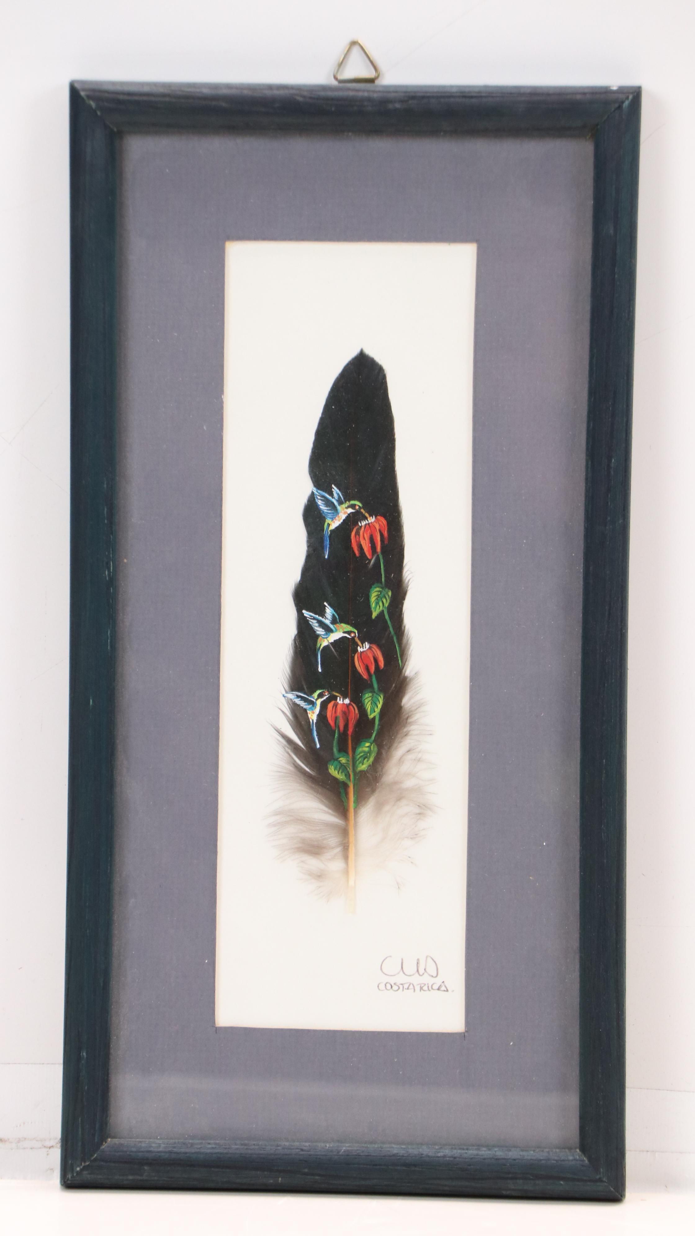 Costa Rican Acrylic on Feather Paintings of Birds and Butterflies