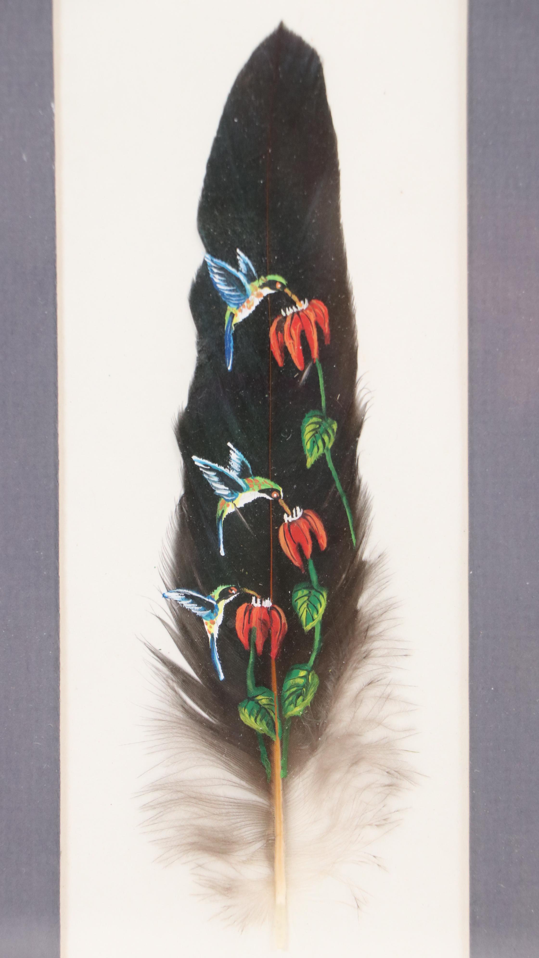 Costa Rican Acrylic on Feather Paintings of Birds and Butterflies