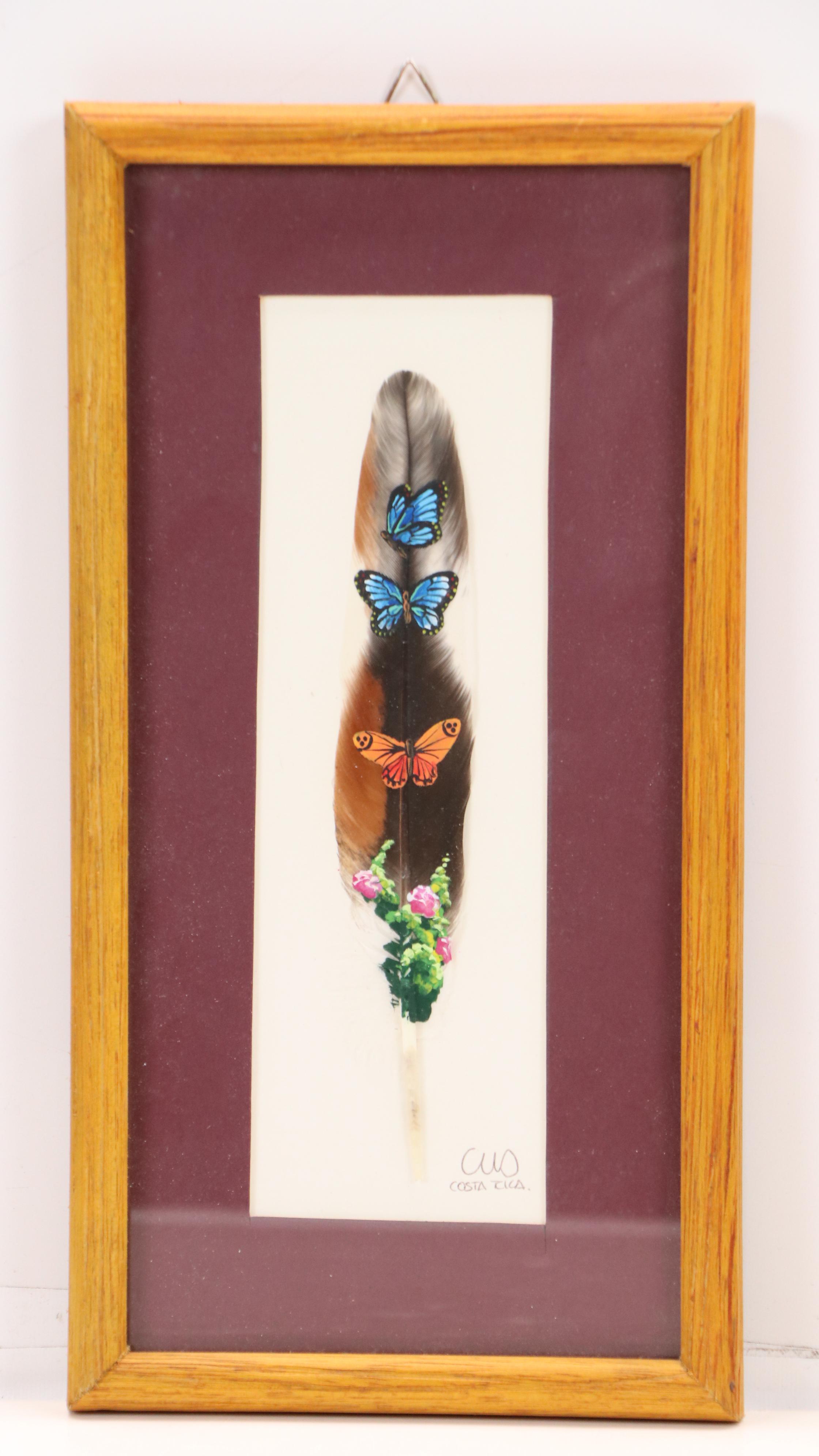 Costa Rican Acrylic on Feather Paintings of Birds and Butterflies