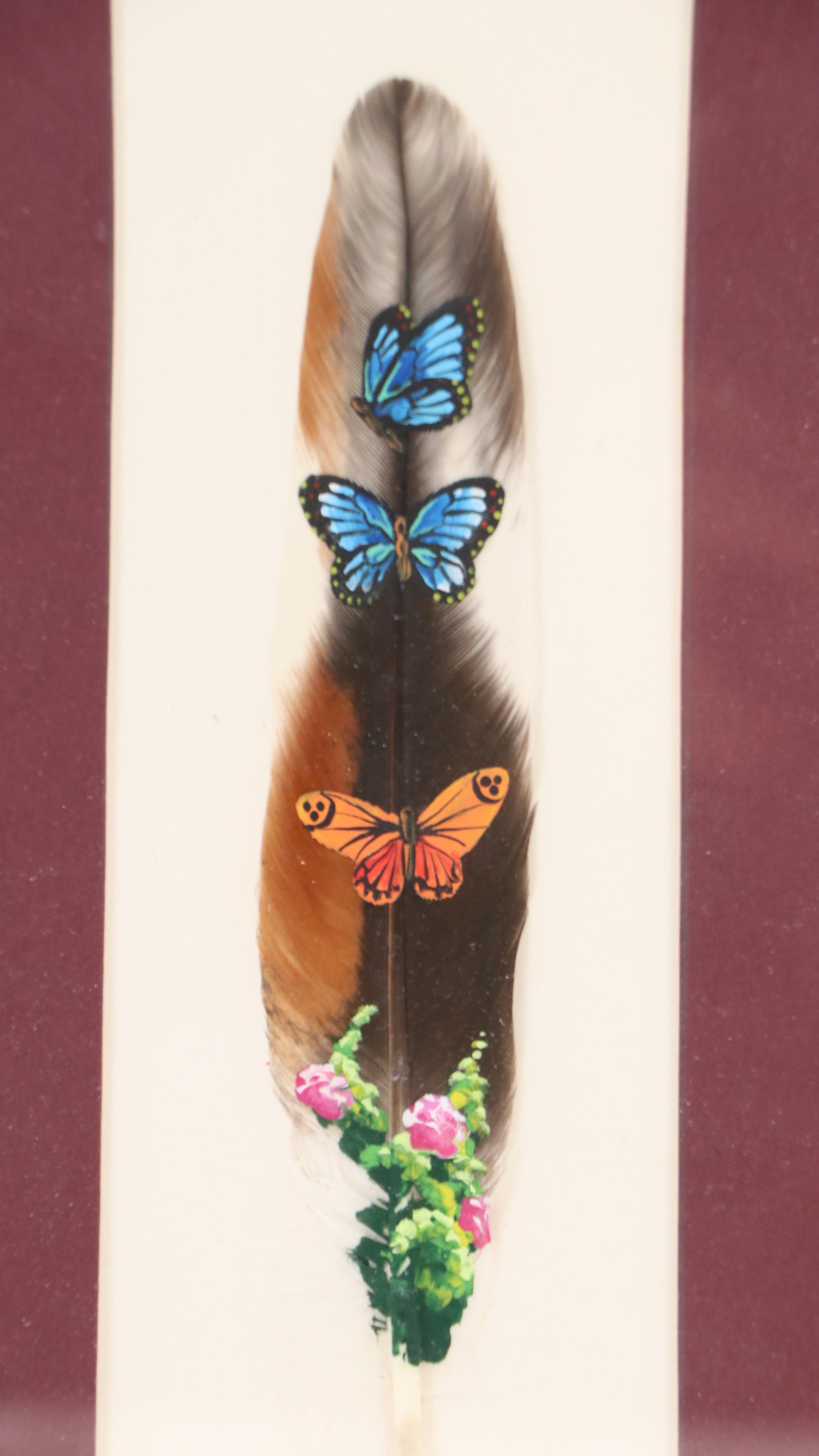 Costa Rican Acrylic on Feather Paintings of Birds and Butterflies