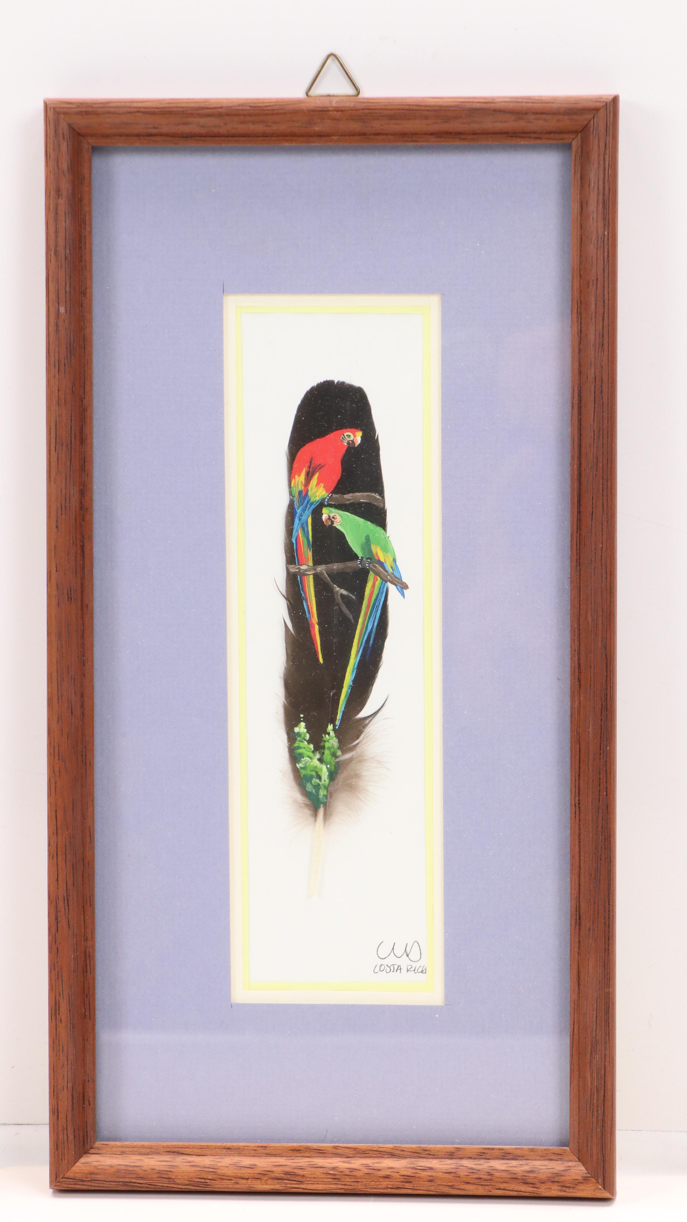 Costa Rican Acrylic on Feather Paintings of Birds and Butterflies