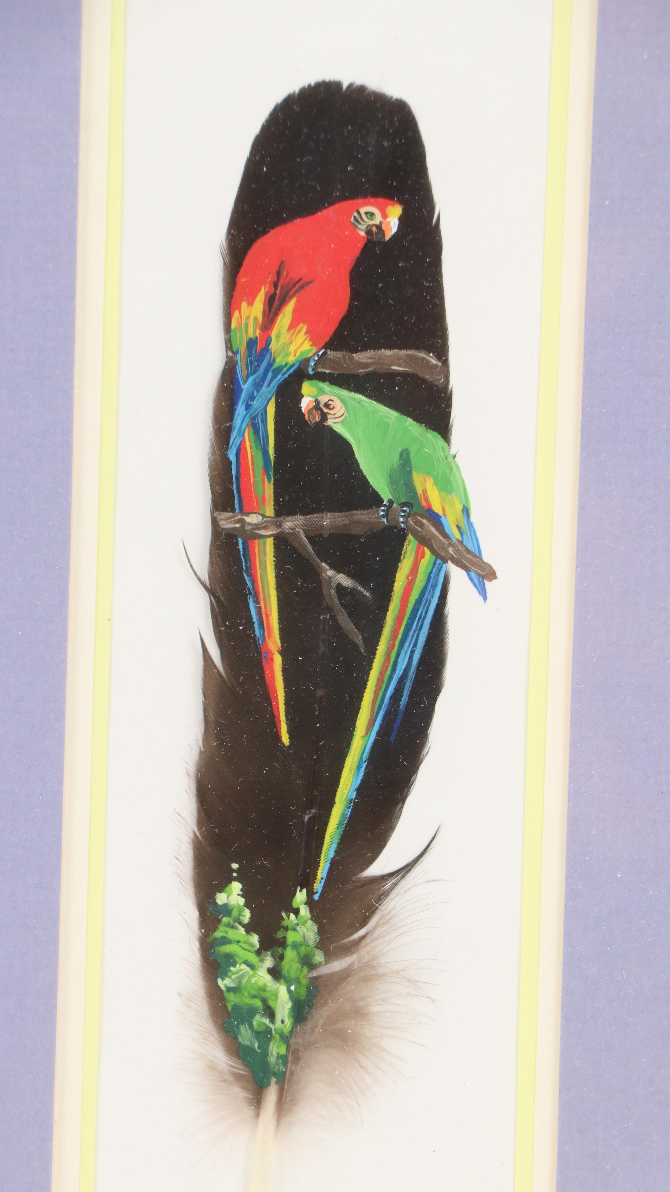 Costa Rican Acrylic on Feather Paintings of Birds and Butterflies