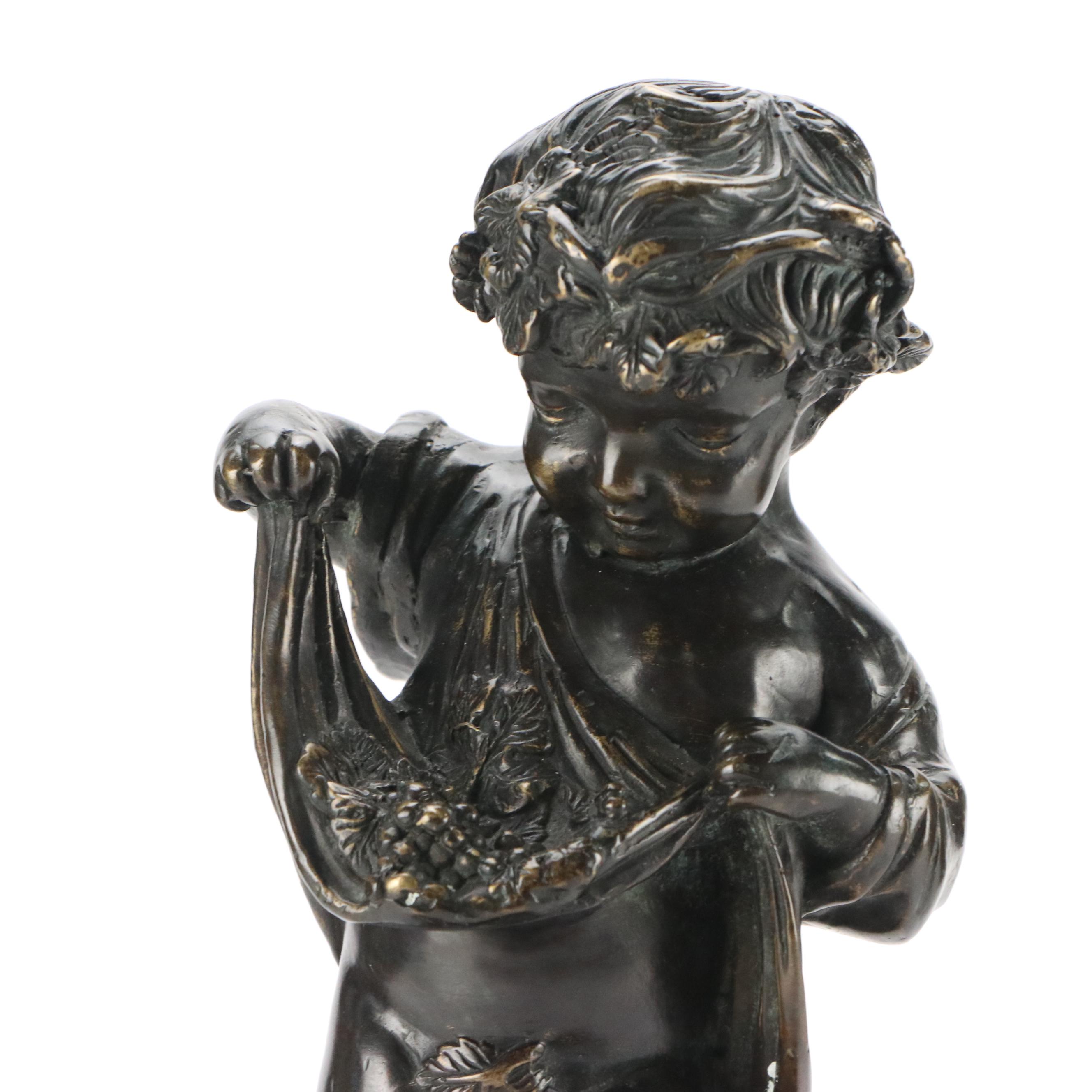 French Style Bronzed Metal Cherub on Granite and Wood Pedestal
