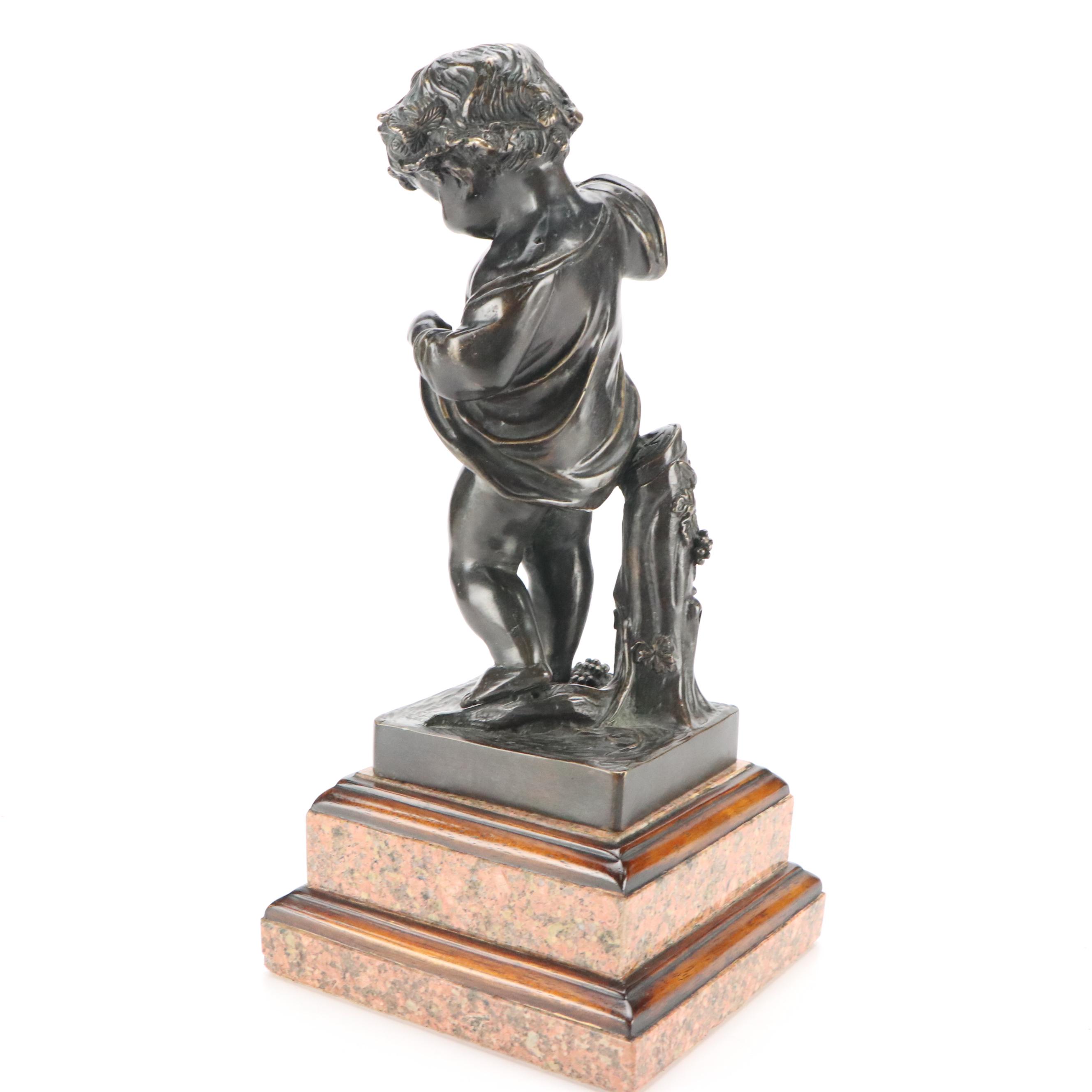 French Style Bronzed Metal Cherub on Granite and Wood Pedestal