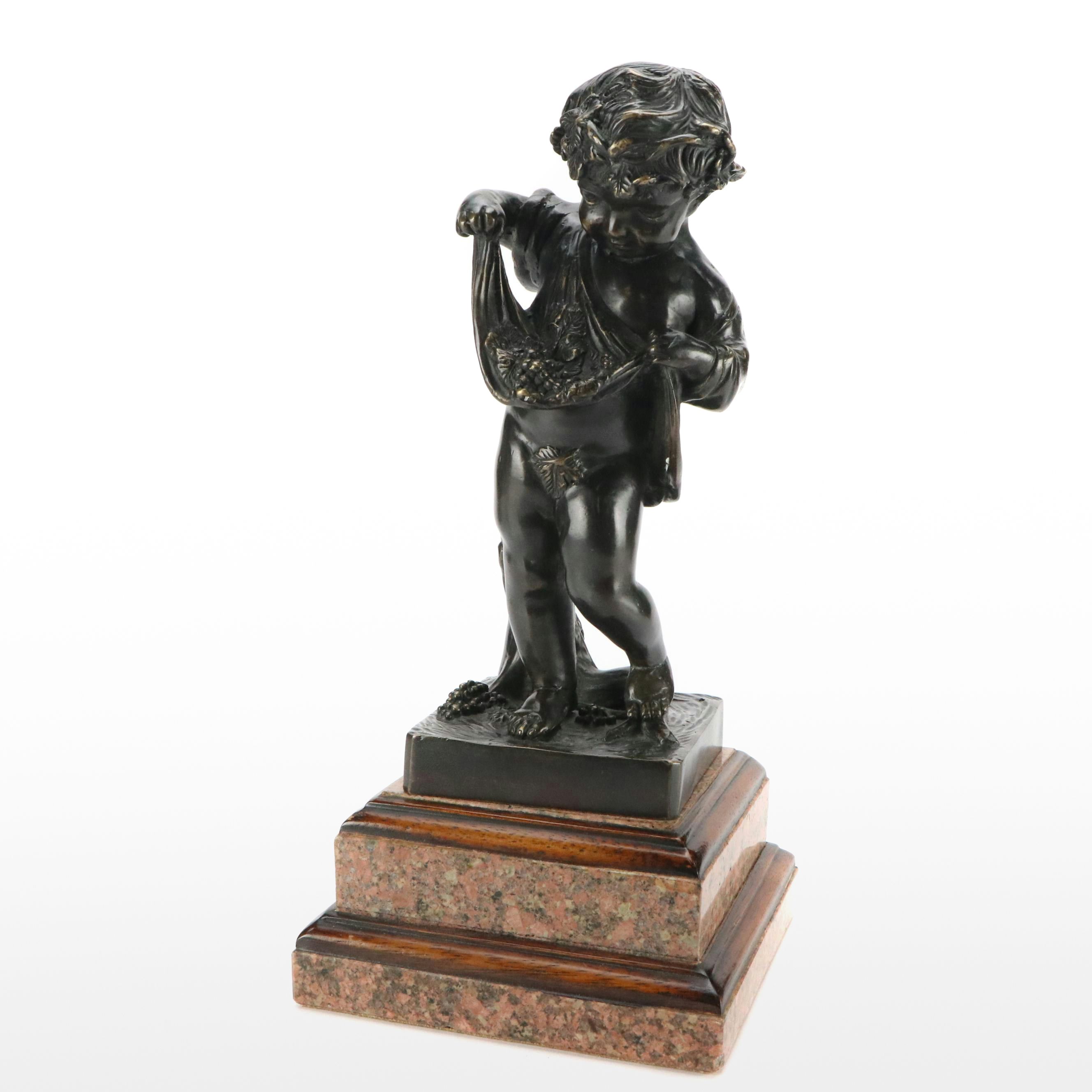French Style Bronzed Metal Cherub on Granite and Wood Pedestal