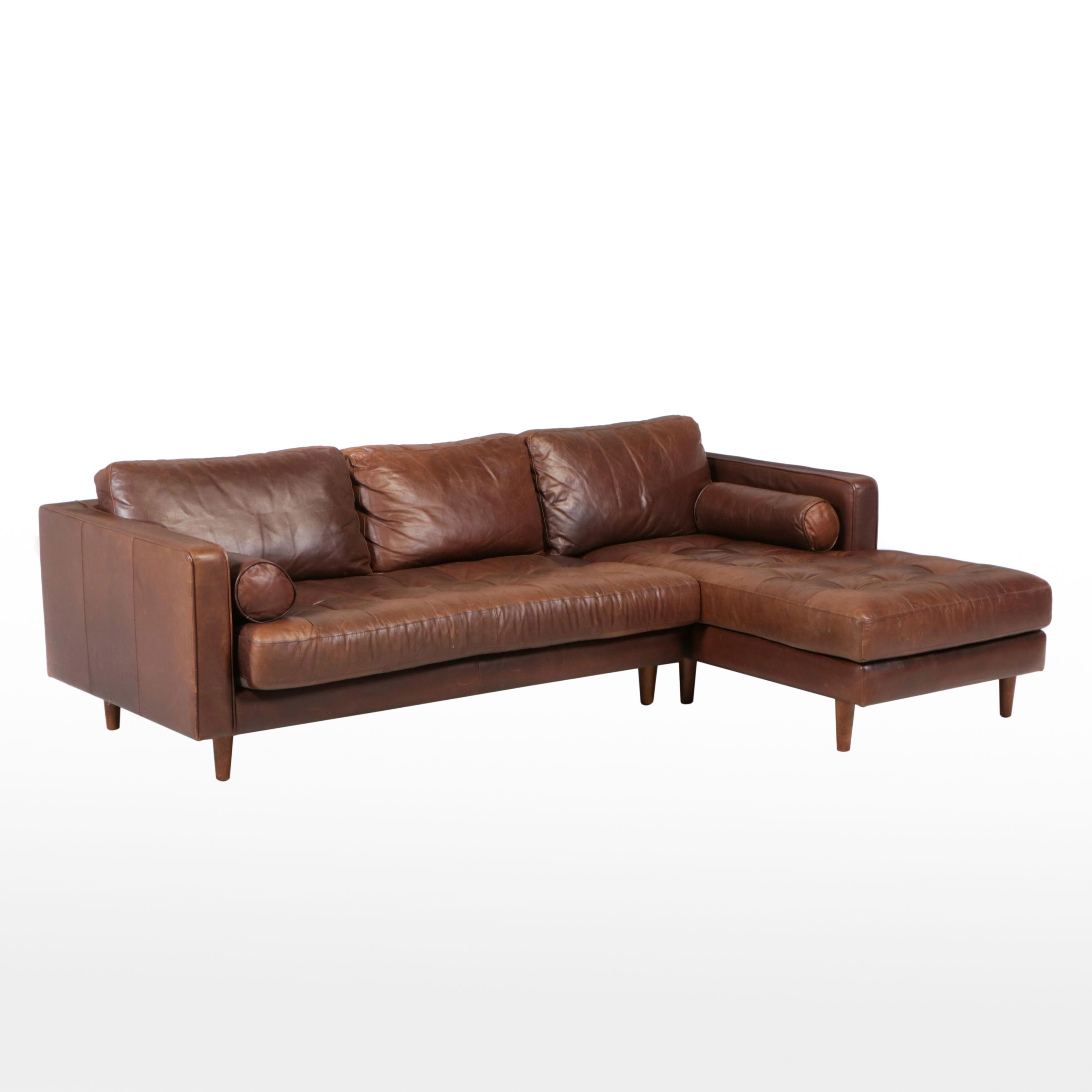 Woodworth Wooden Industries Mid Century Style Leather Sectional