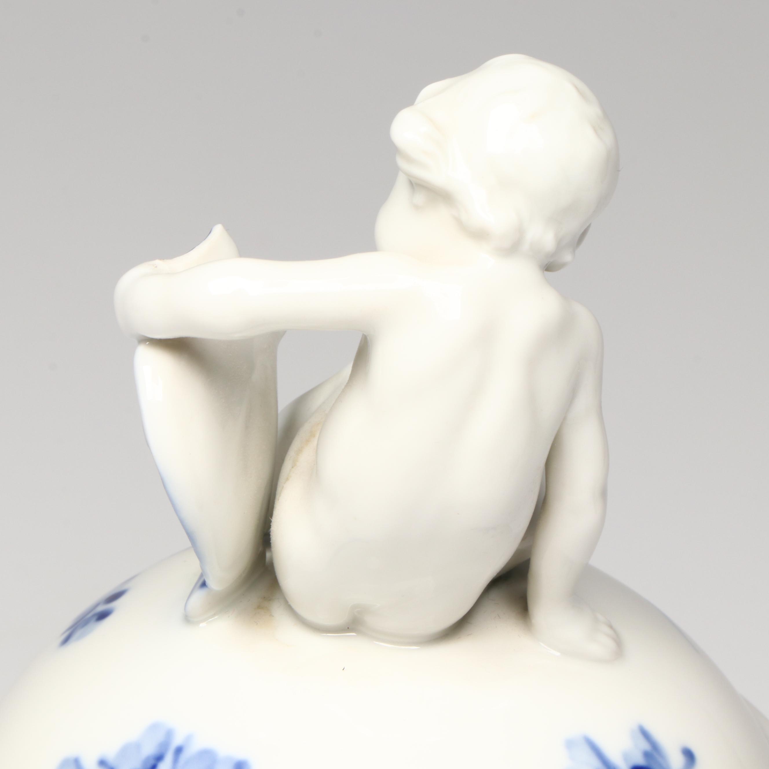 Royal Copenhagen Blue and White Porcelain Trophy Urn with Putto Finial, 1965