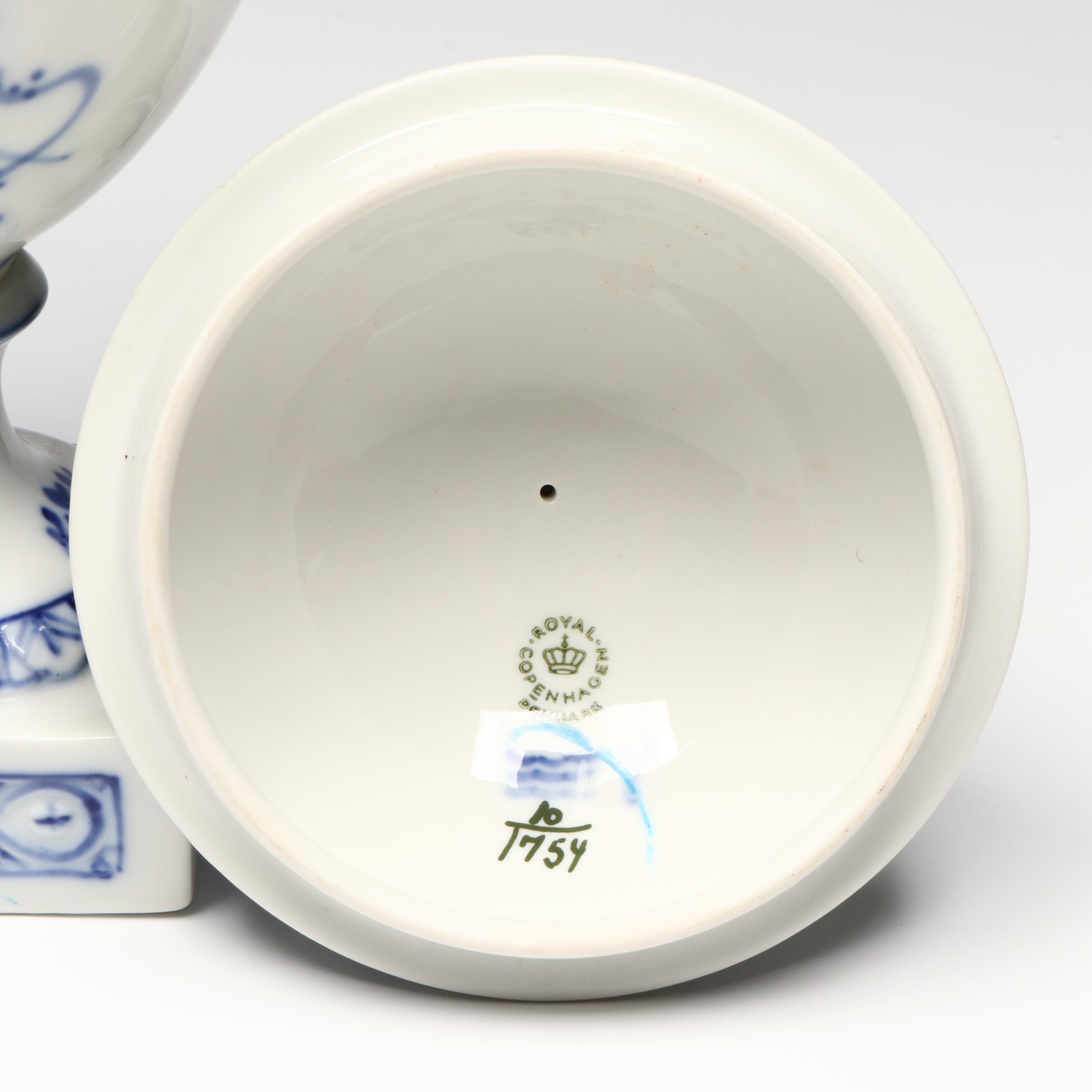 Royal Copenhagen Blue and White Porcelain Trophy Urn with Putto Finial, 1965