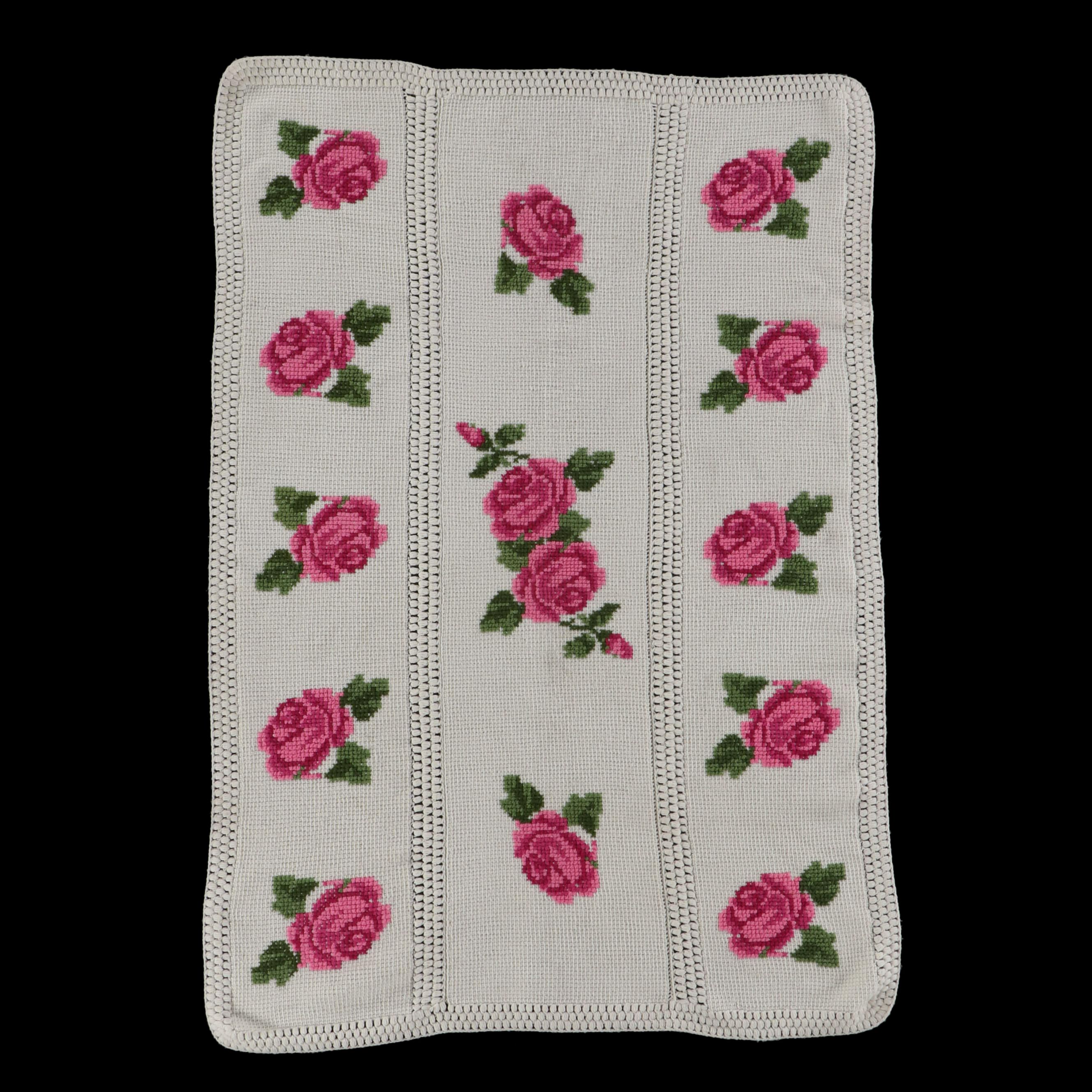 Handmade Floral Cross-Stitch on Crochet Blanket