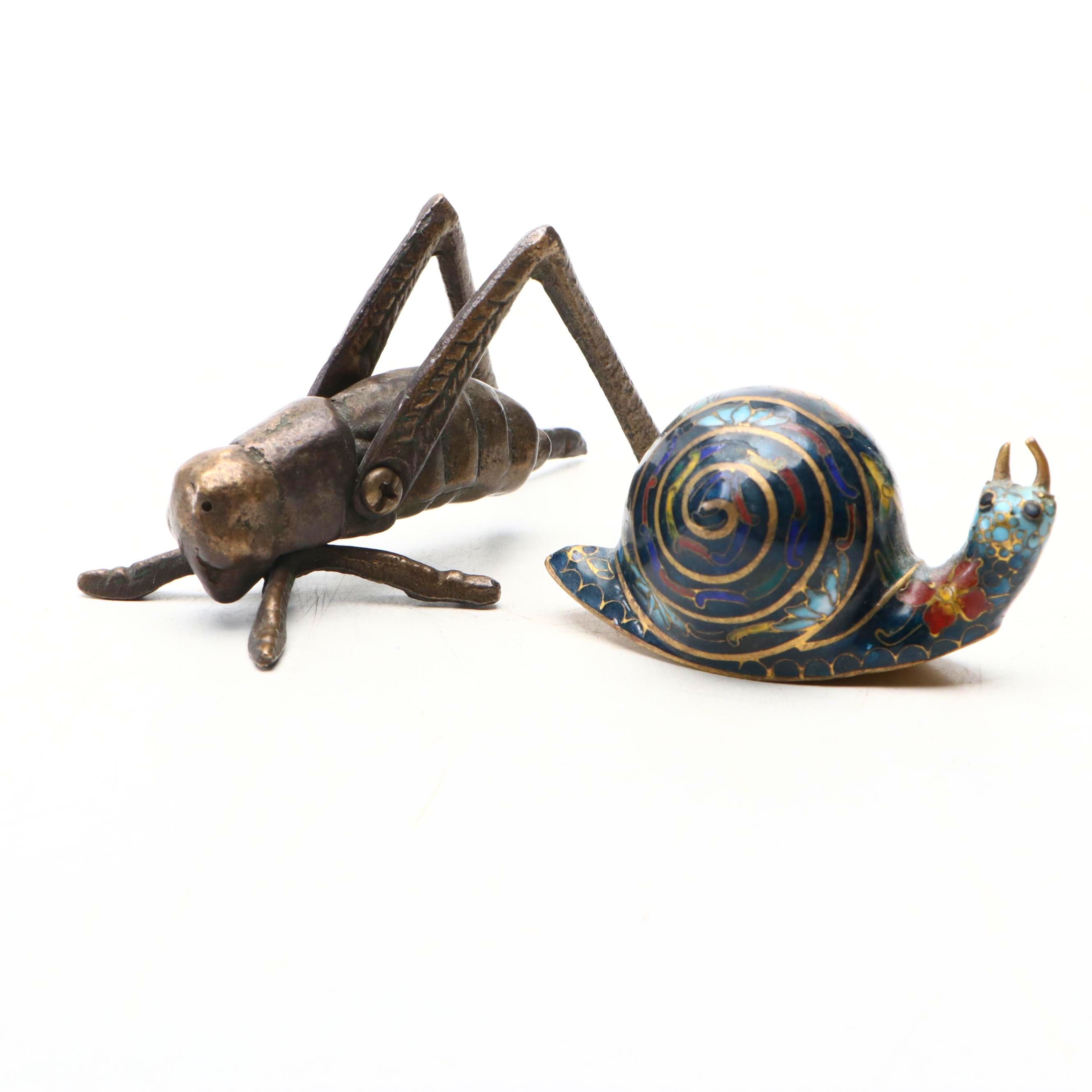 Brass Cricket and Cloisonné Snail Figurines, 20th Century