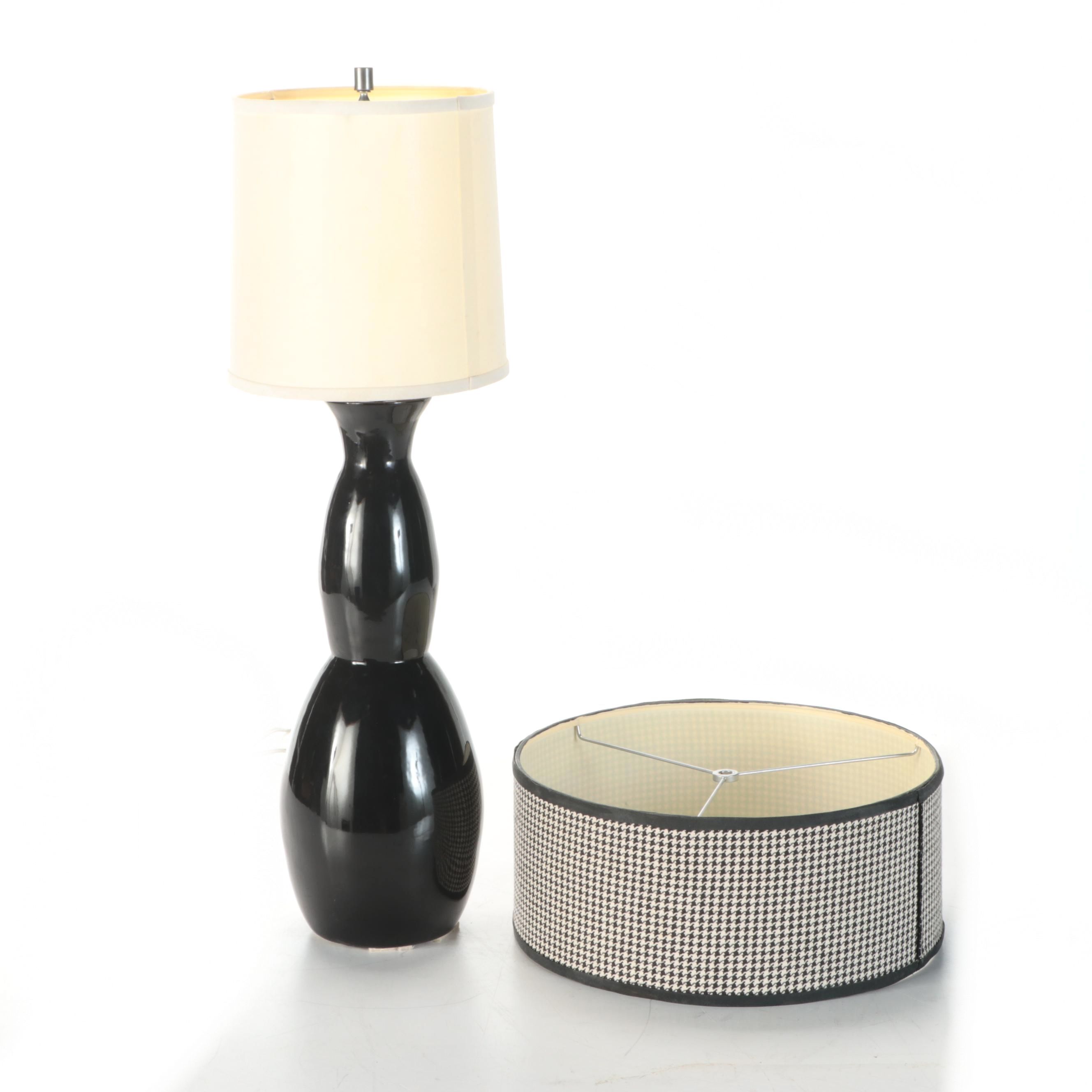 Contemporary Ceramic Gourd Table Lamp with Houndstooth and White Double Shade