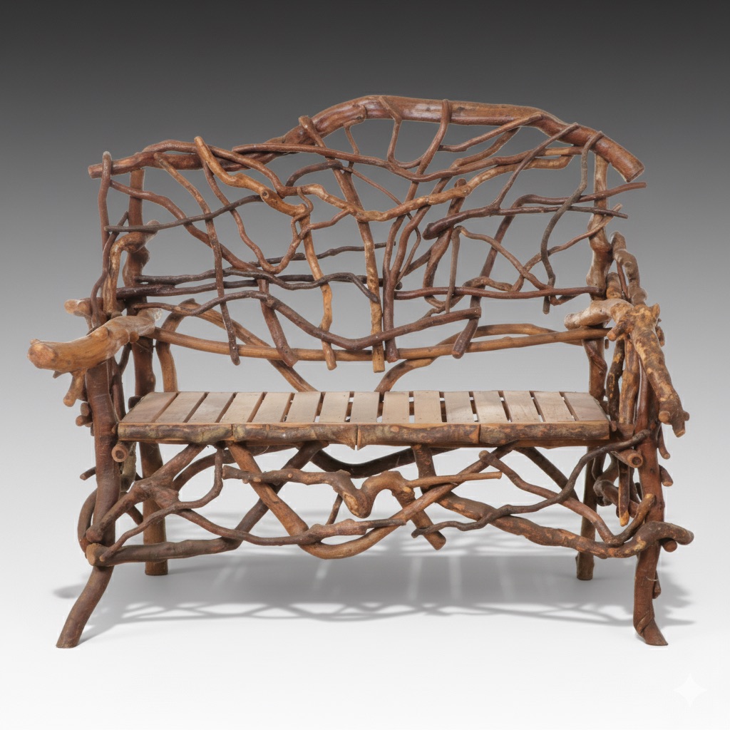 Robert Beaven Adirondack Style Handmade Poplar and Root Wood Settee