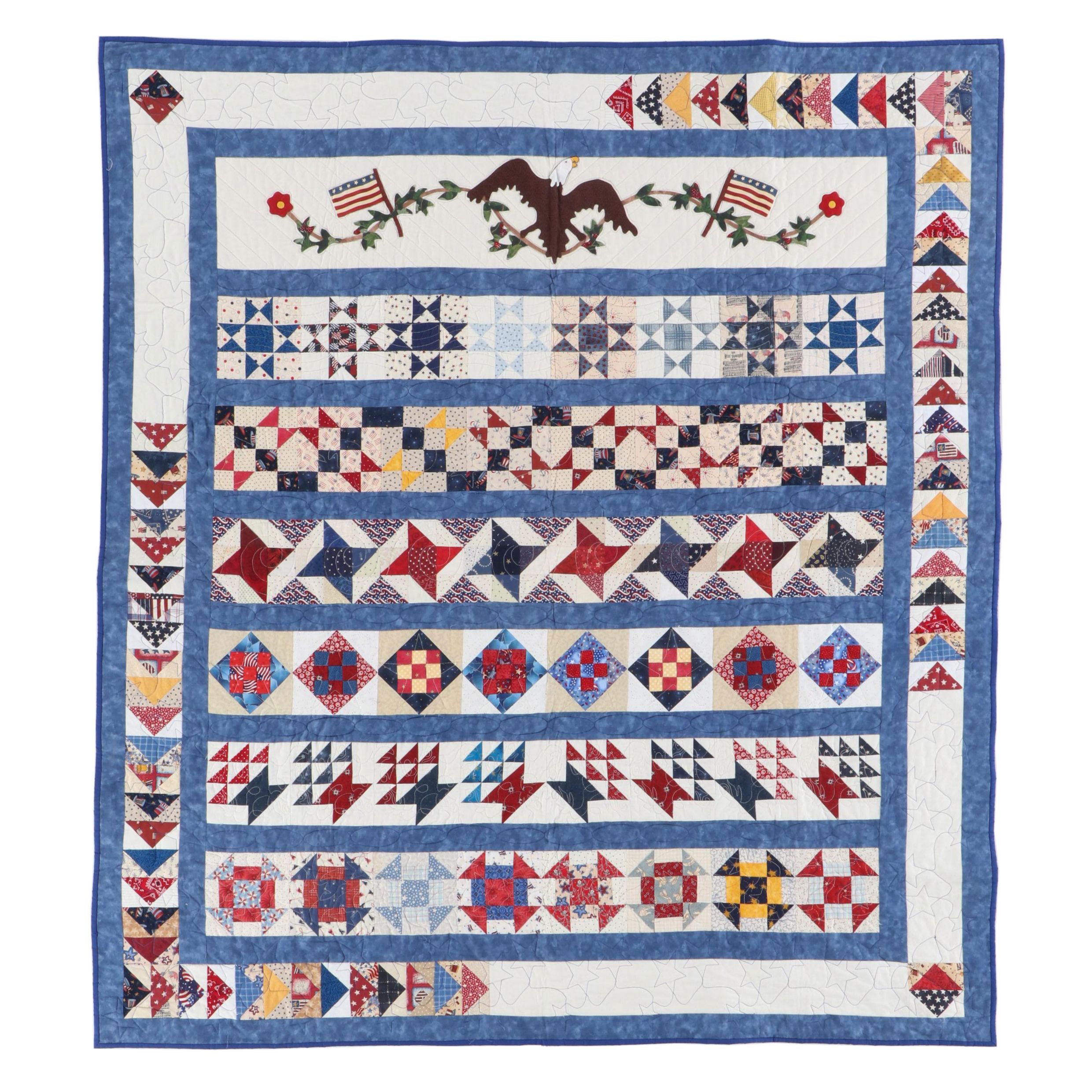 "Patriotic Row by Row" Americana Pieced Cotton Quilt, 2017