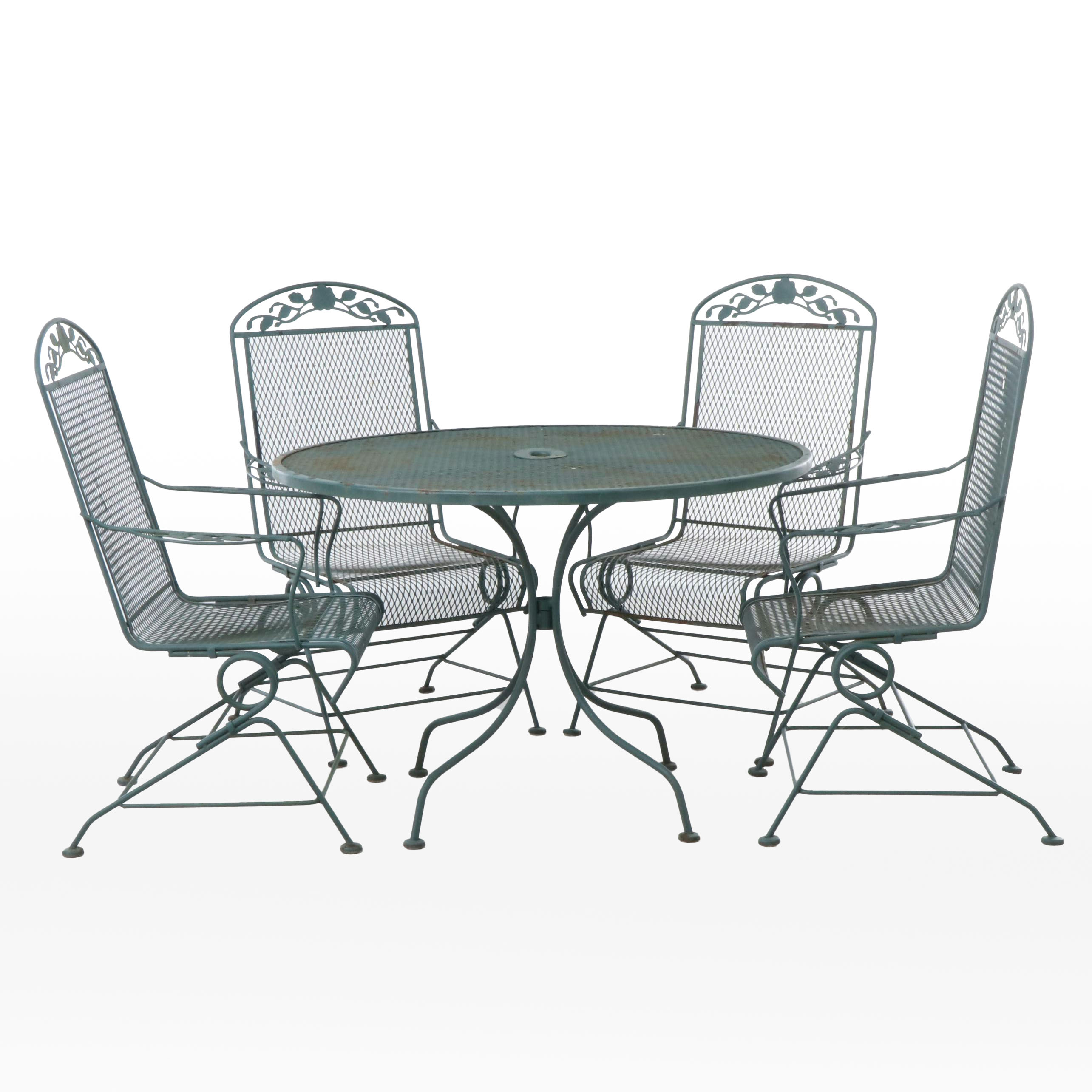 Green Painted Wrought Iron Patio Dining Set, Late 20th Century