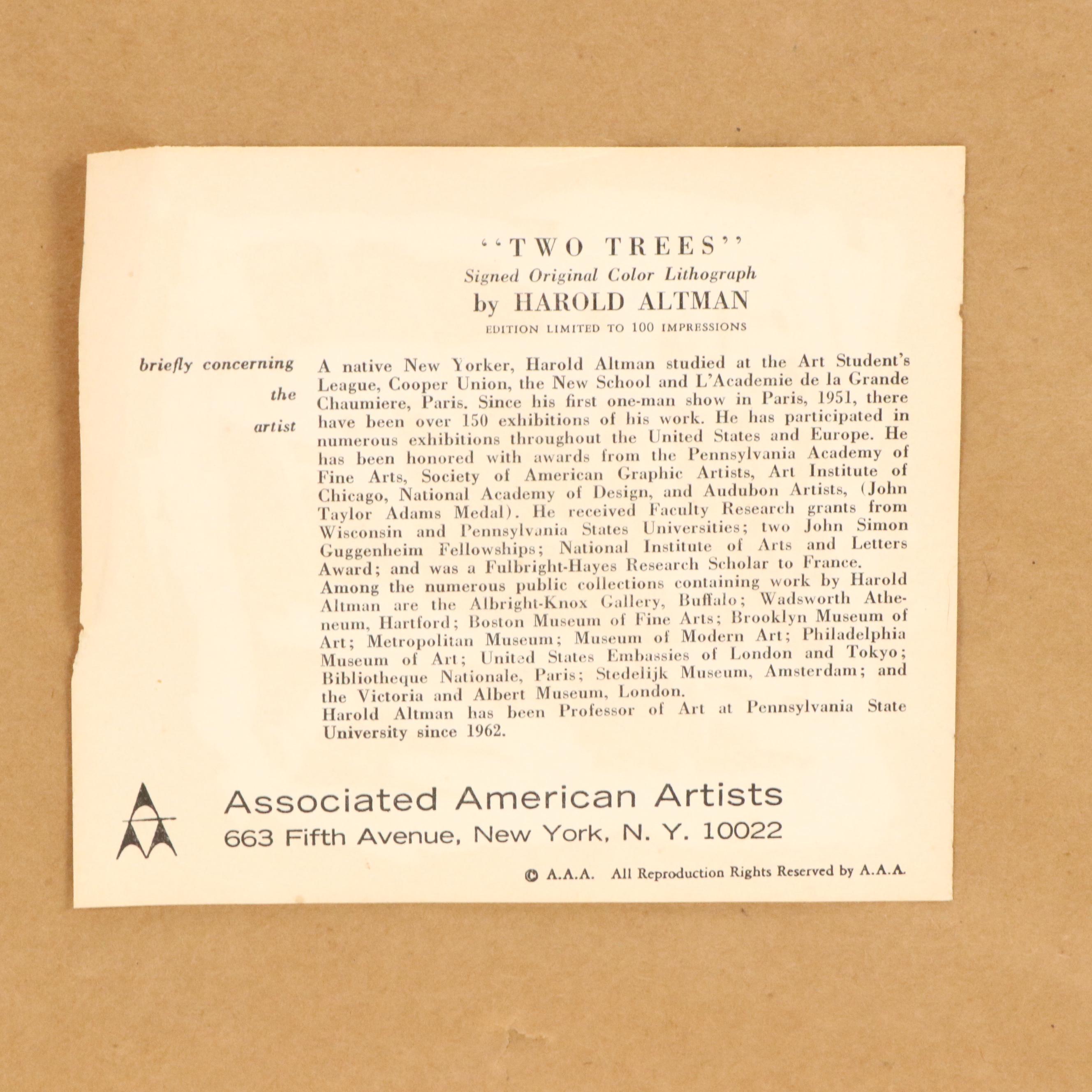 Harold Altman Color Lithograph "Two Trees," Mid to Late 20th Century