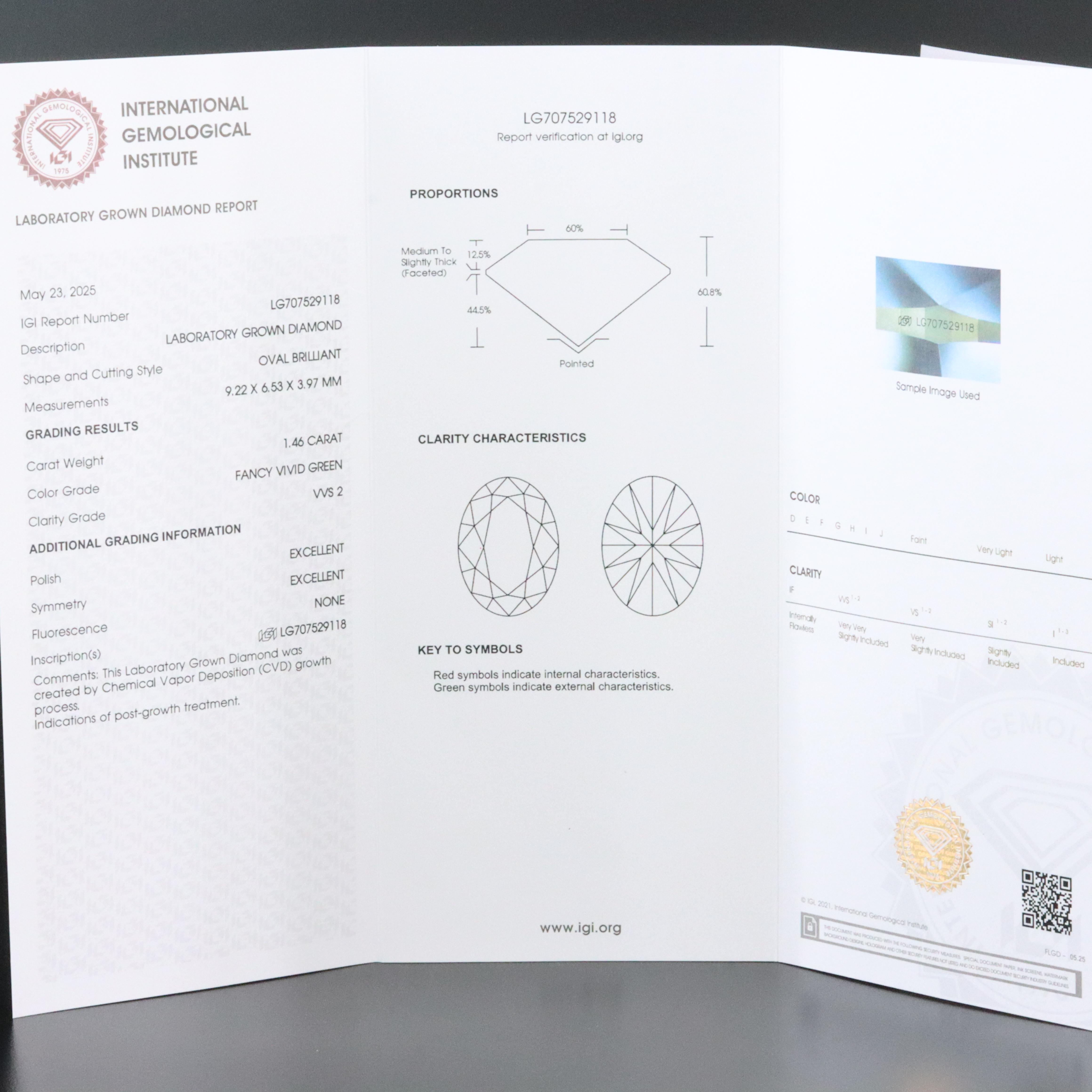 Loose 1.46 CT Lab Grown Fancy Green Diamond with IGI Report