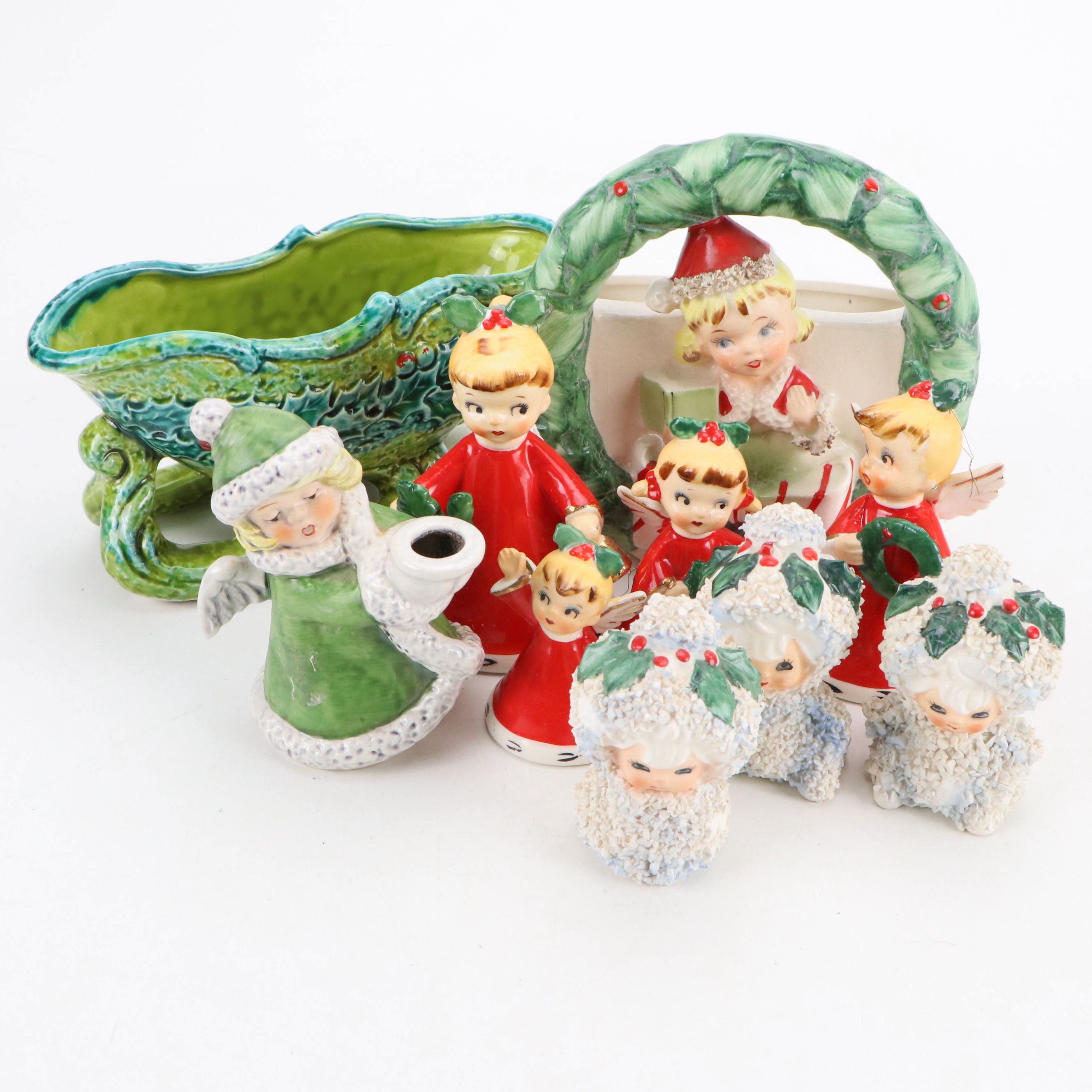 Napco Christmas Angel Ornaments, Sled and Wreath Planters with More, Mid-20th C.