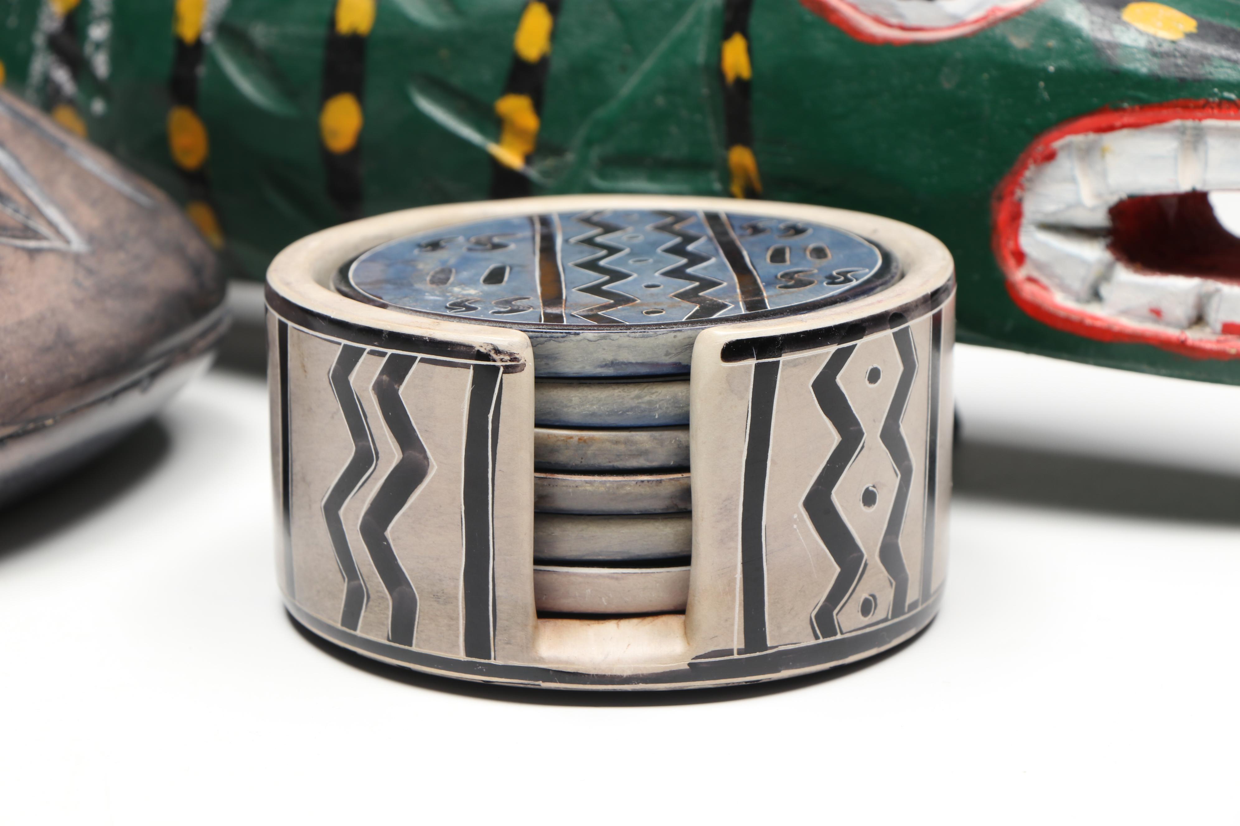 Kenyan Carved Soapstone Plates, Coasters, Guatemalan Alligator