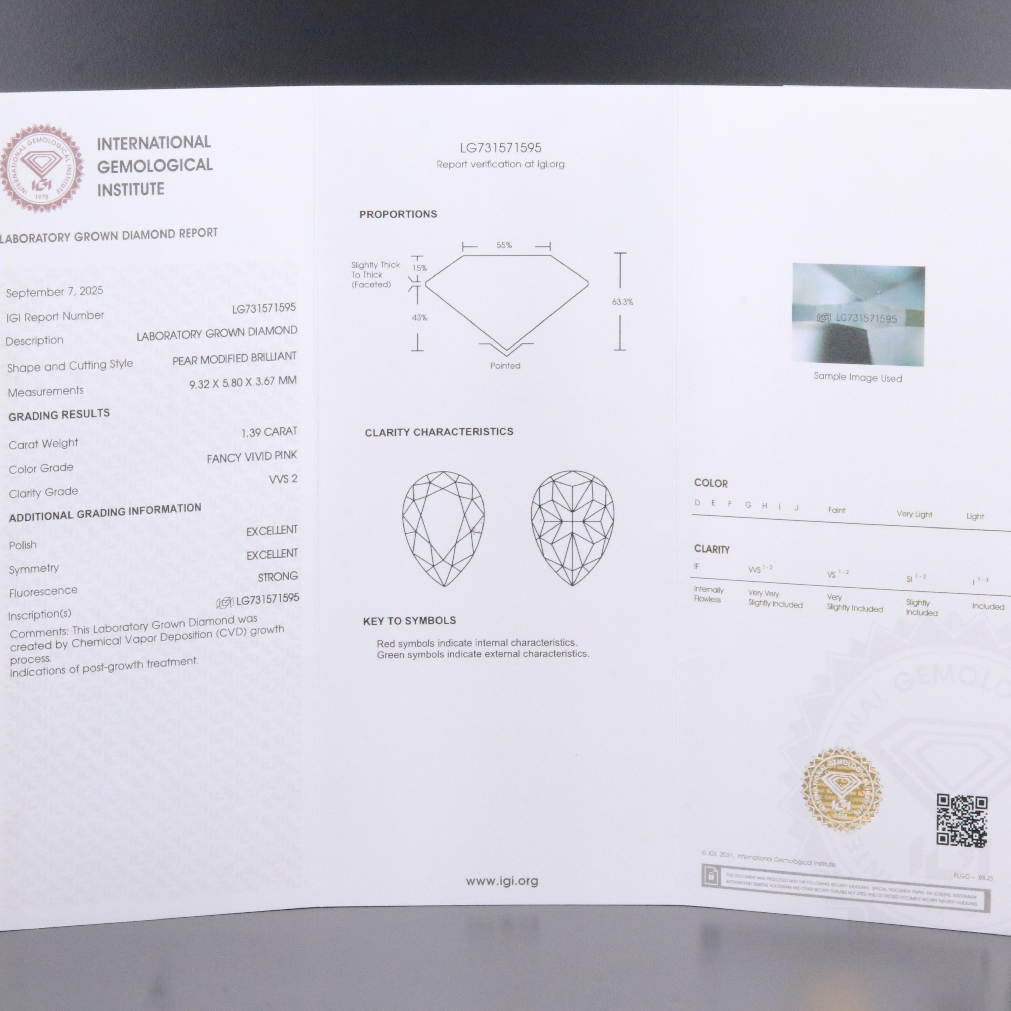 Loose 1.39 CT Lab Grown Fancy Pink Diamond with IGI Report