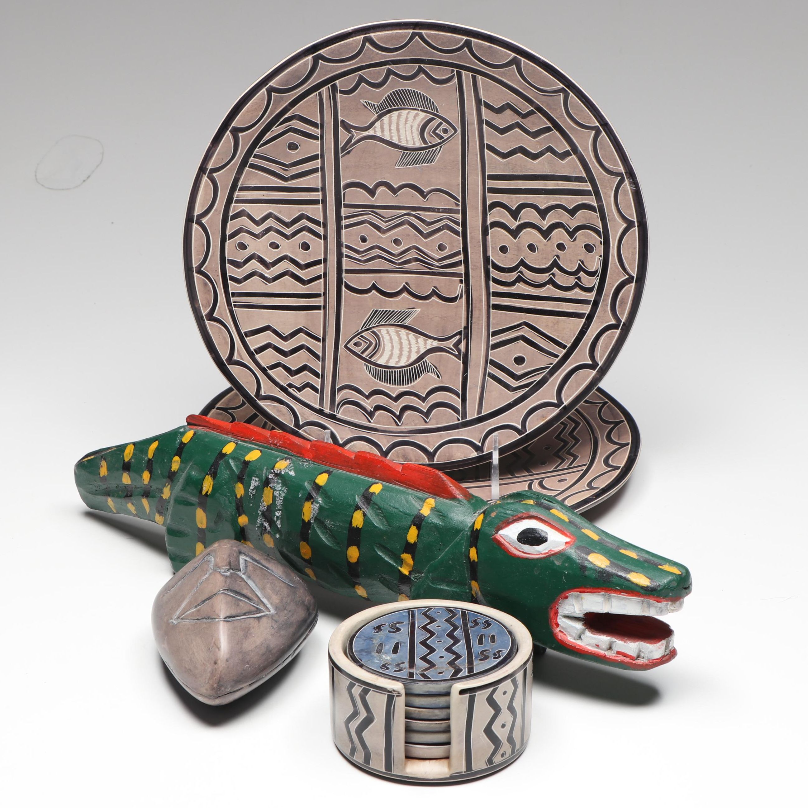 Kenyan Carved Soapstone Plates, Coasters, Guatemalan Alligator