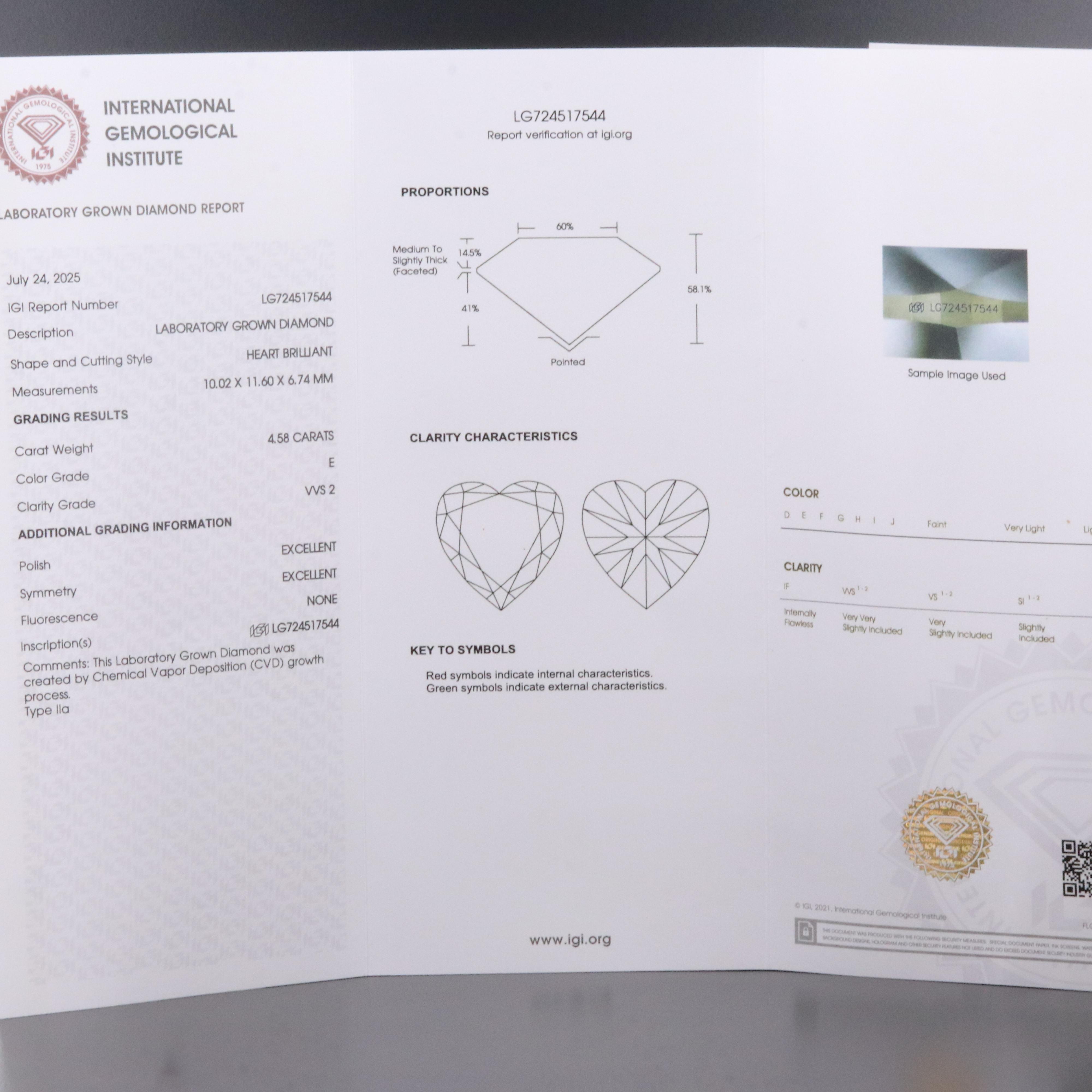 Loose 4.58 CT Lab Grown Diamond with IGI Report