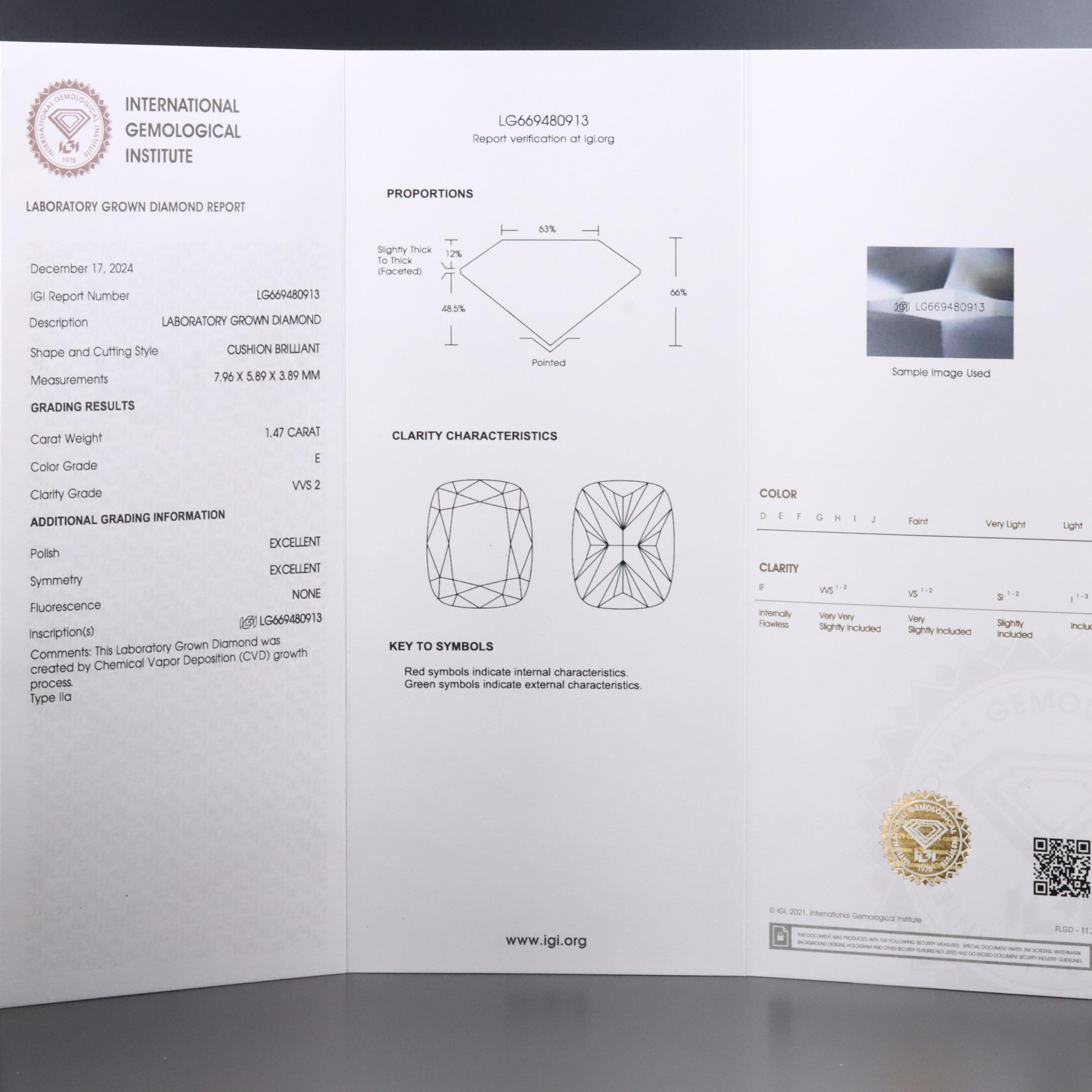 Loose 1.47 CT Lab Grown Diamond with IGI Report