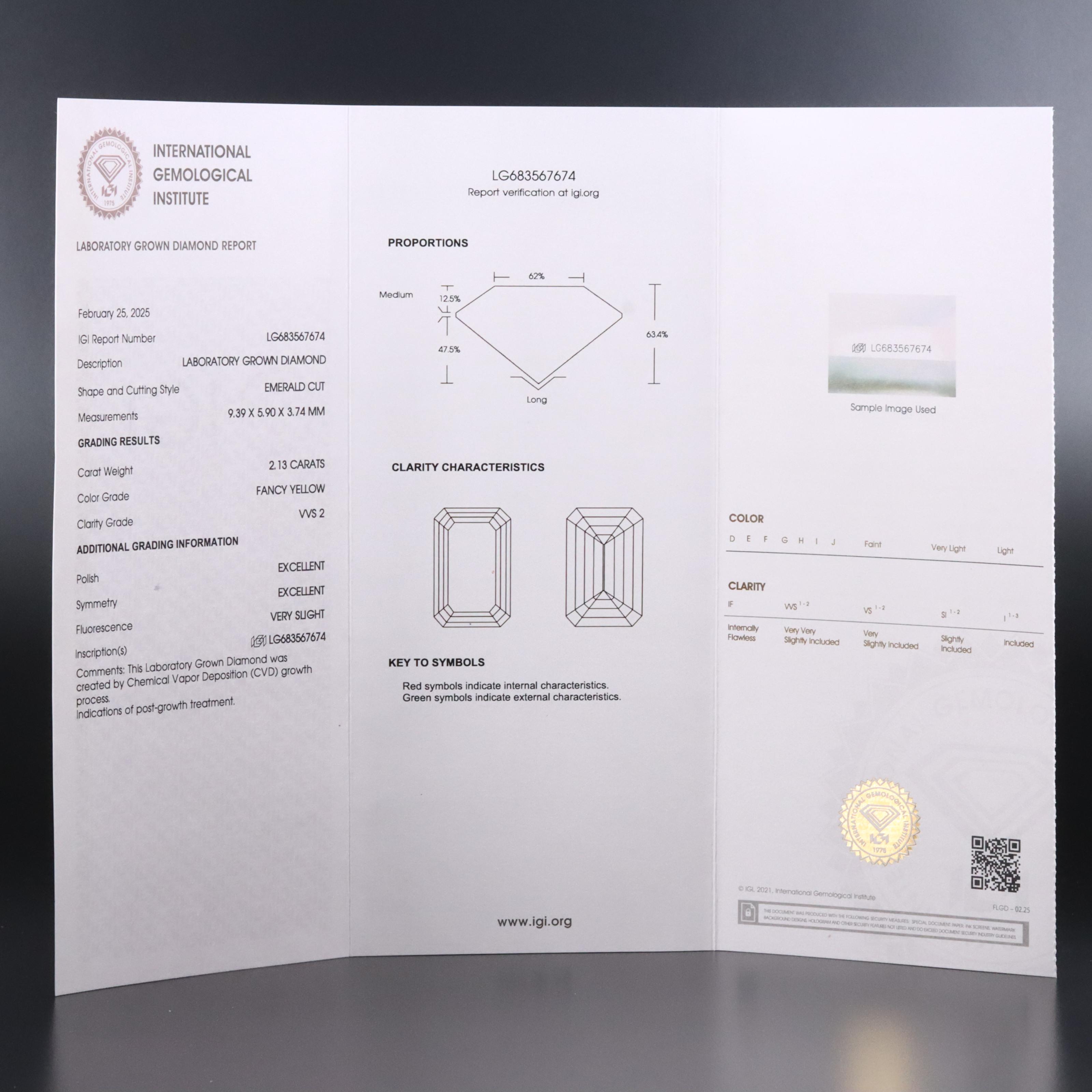 Loose 2.13 CT Lab Grown Fancy Yellow Diamond with IGI Report