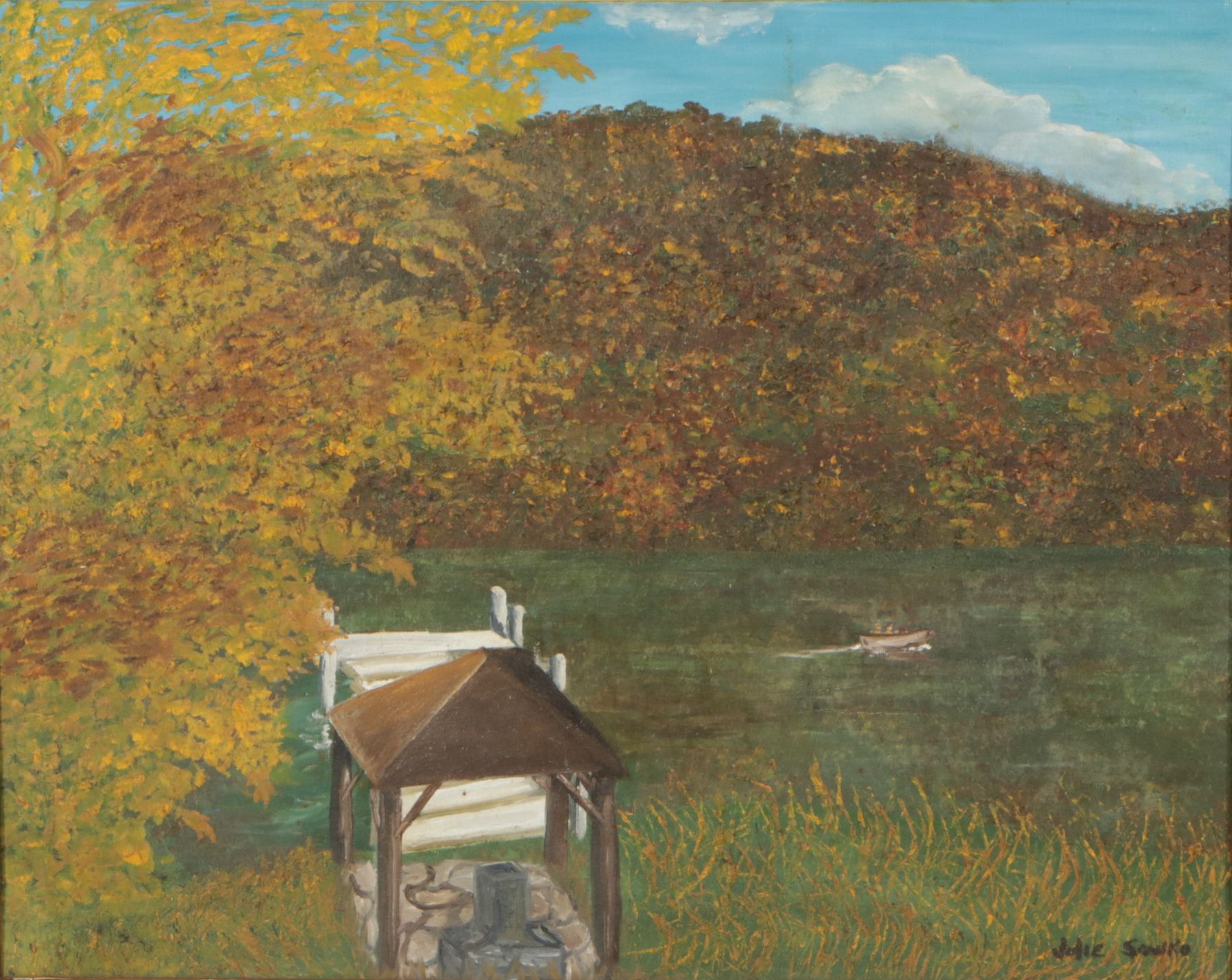 Julie Sowko River Landscape with Boat Dock, Mid to Late 20th Century