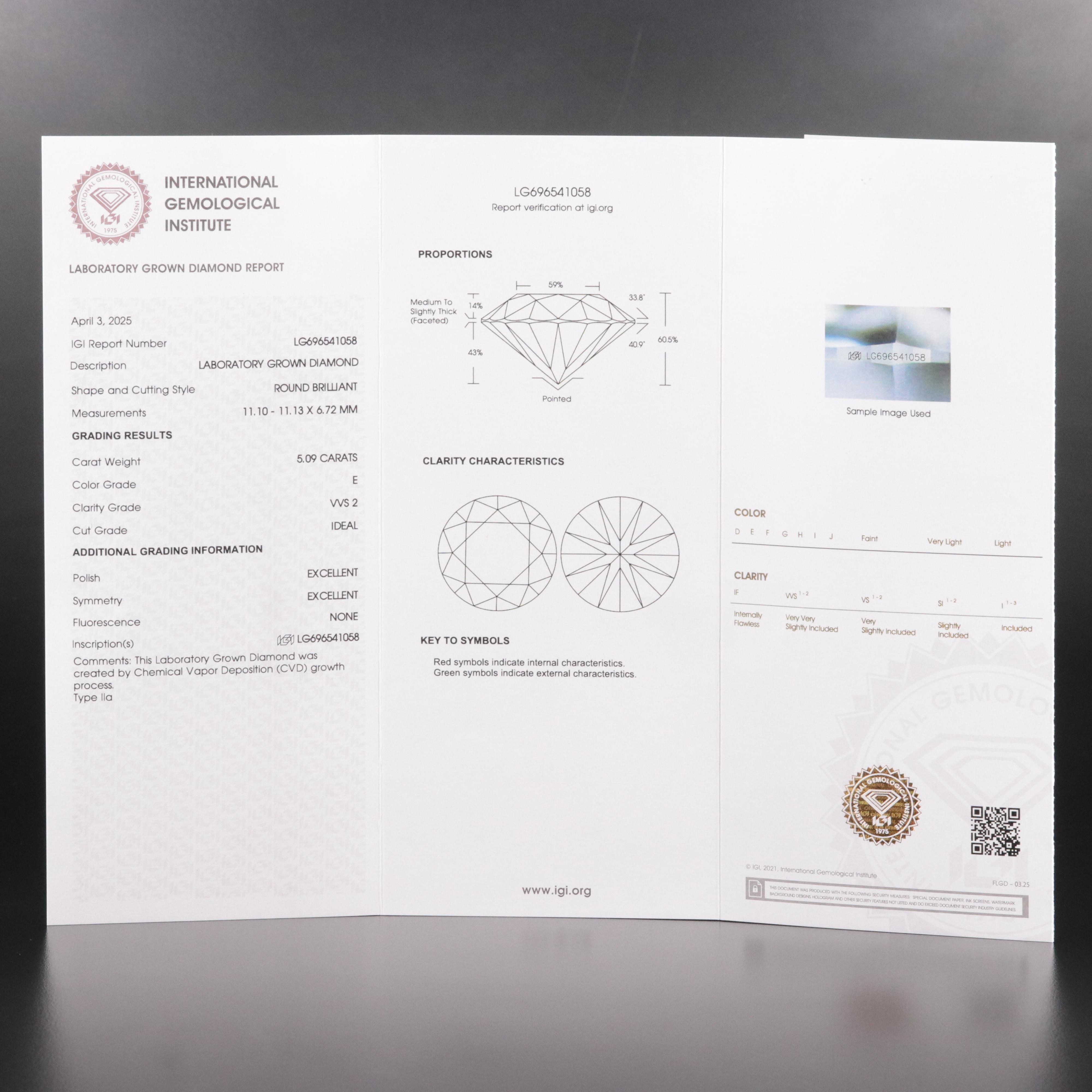 Loose 5.09 CT Lab Grown Diamond with IGI Report