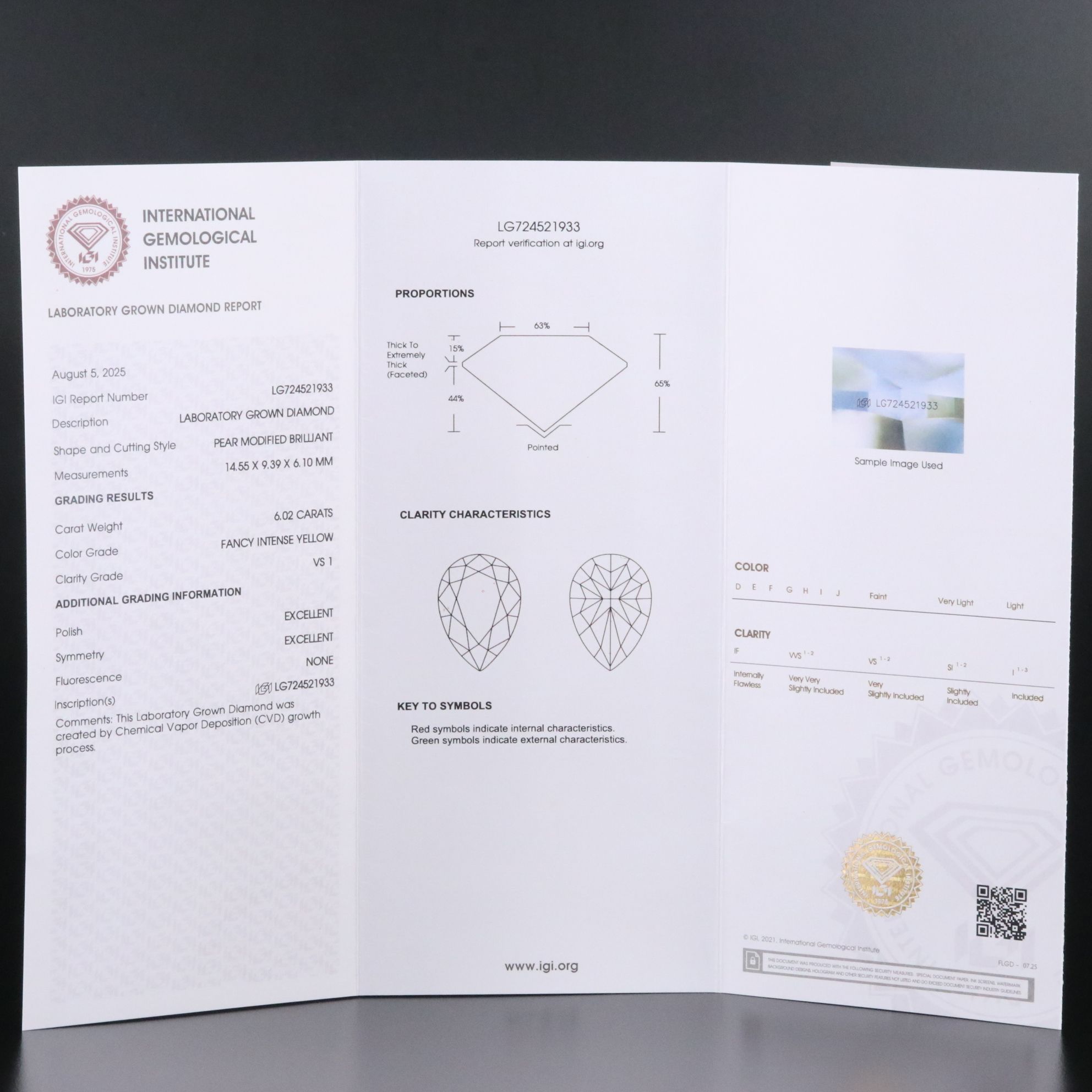 18K 6.02 CT Lab Grown Fancy Yellow Diamond Solitaire Ring with IGI Report