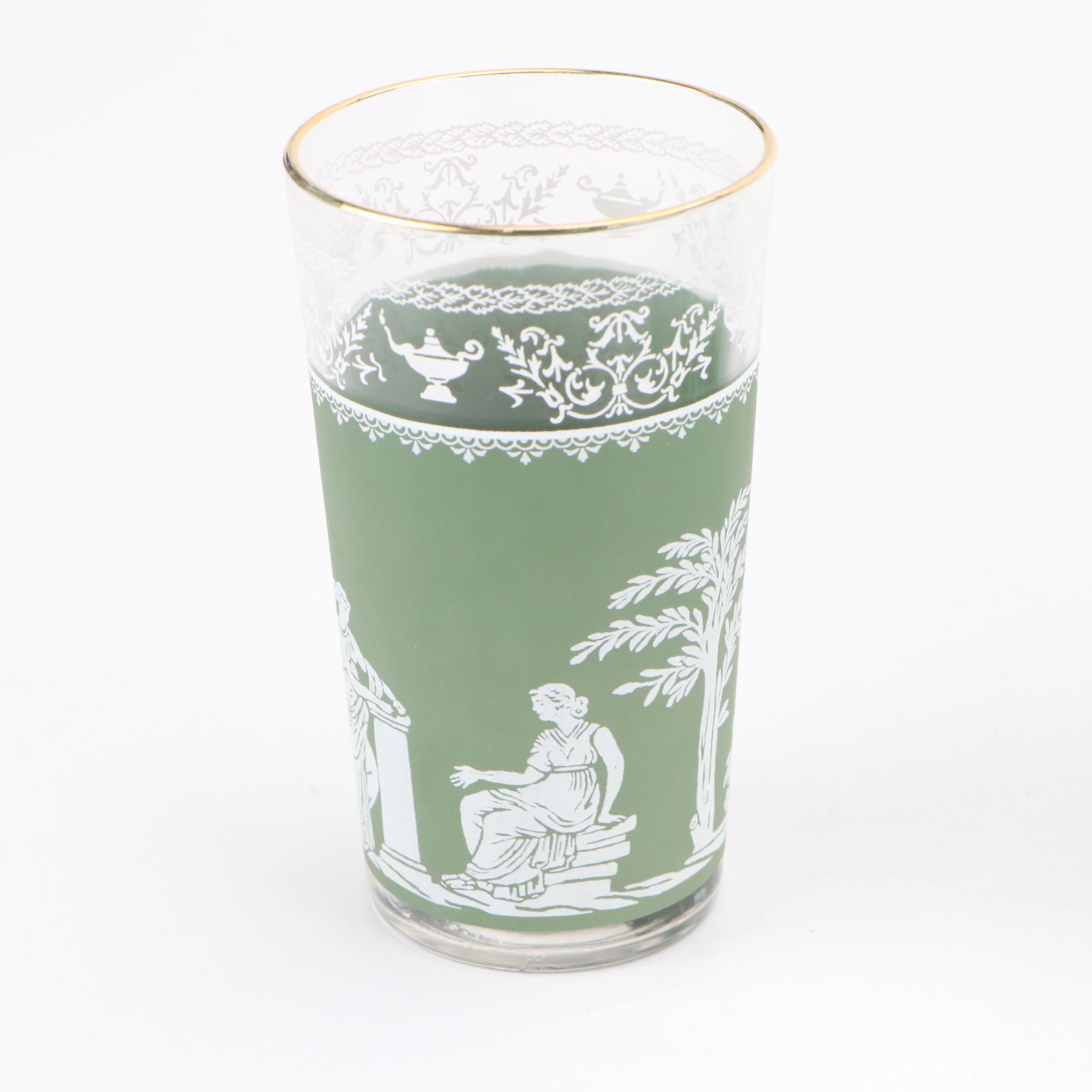 Jeannette Glass "Hellenic Green" Tumblers and Pitcher
