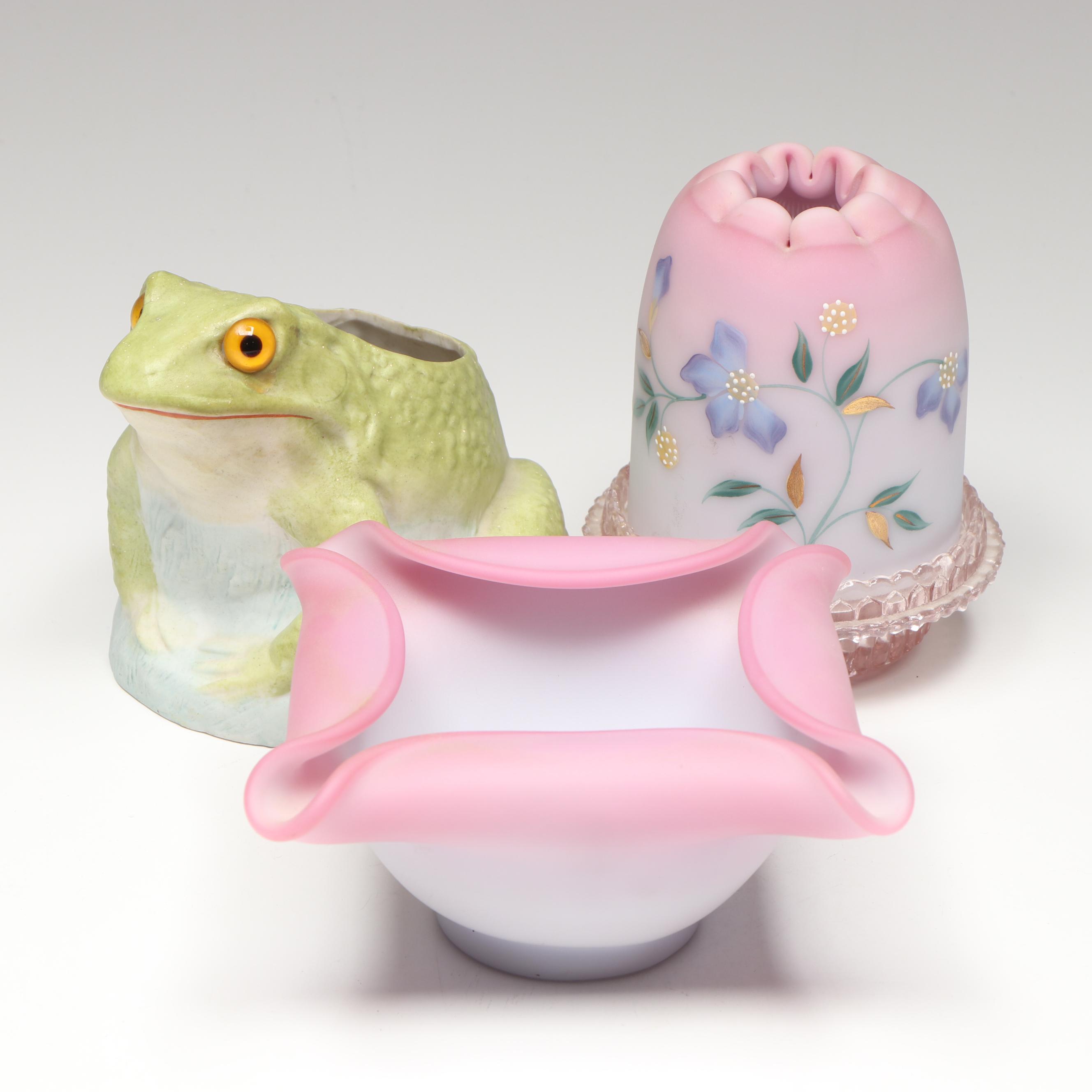 Fenton Hand-Painted Glass Fairy Lamp, Glass Bowl, and Ceramic Frog Planter