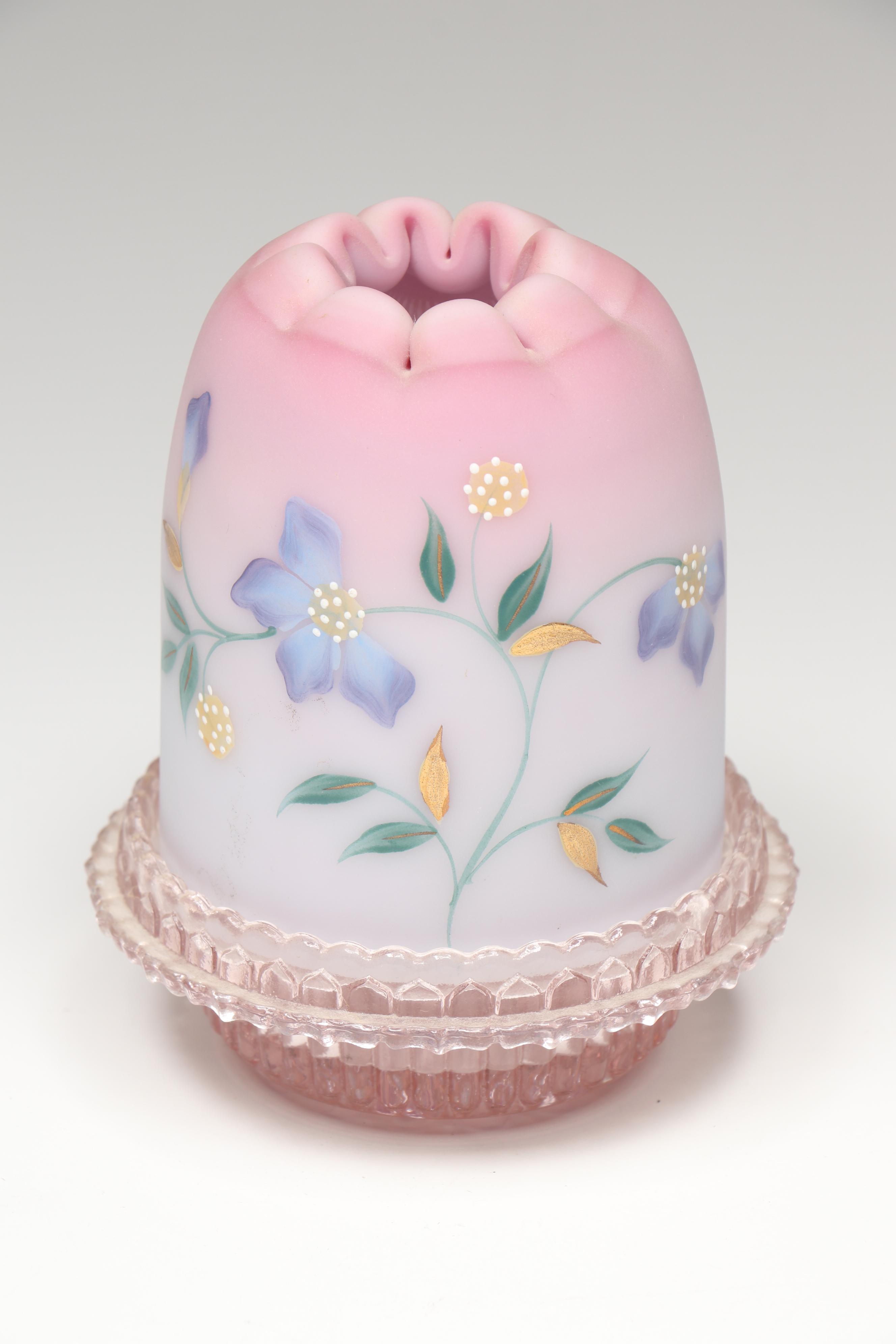 Fenton Hand-Painted Glass Fairy Lamp, Glass Bowl, and Ceramic Frog Planter