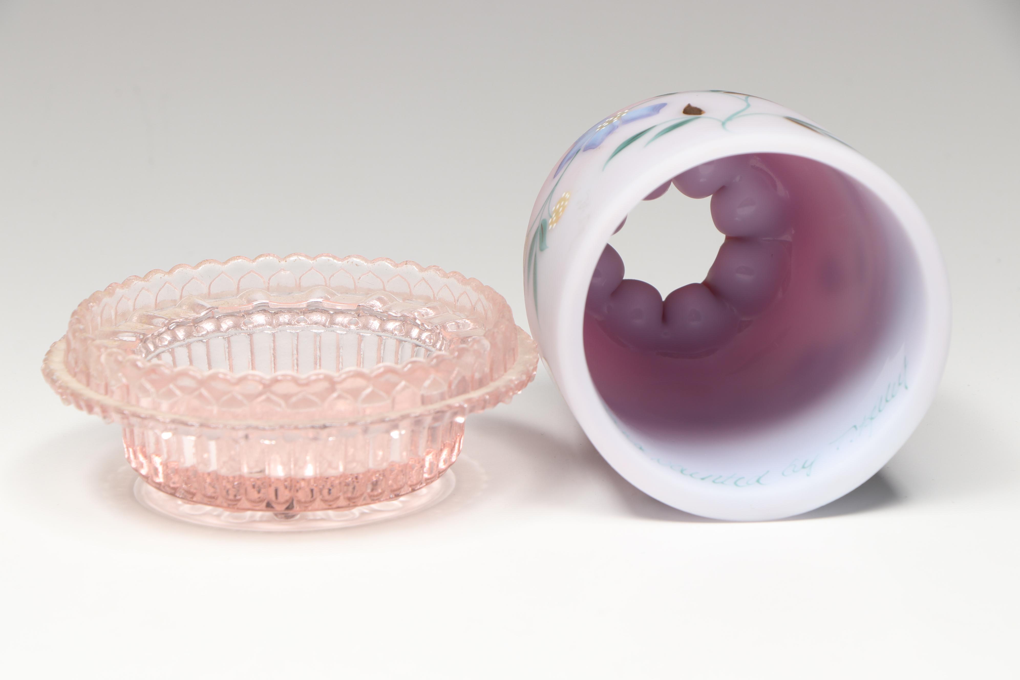 Fenton Hand-Painted Glass Fairy Lamp, Glass Bowl, and Ceramic Frog Planter