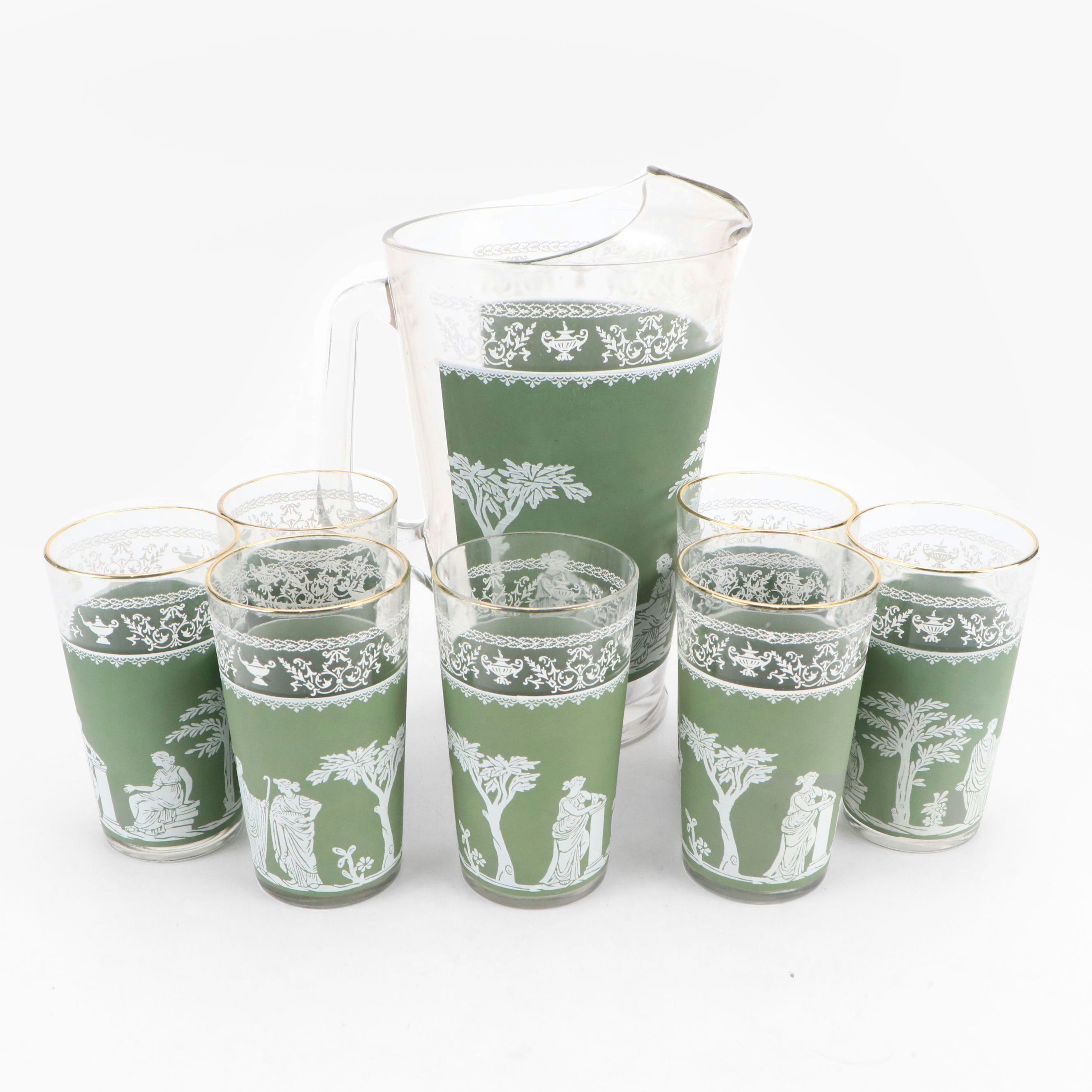 Jeannette Glass "Hellenic Green" Tumblers and Pitcher